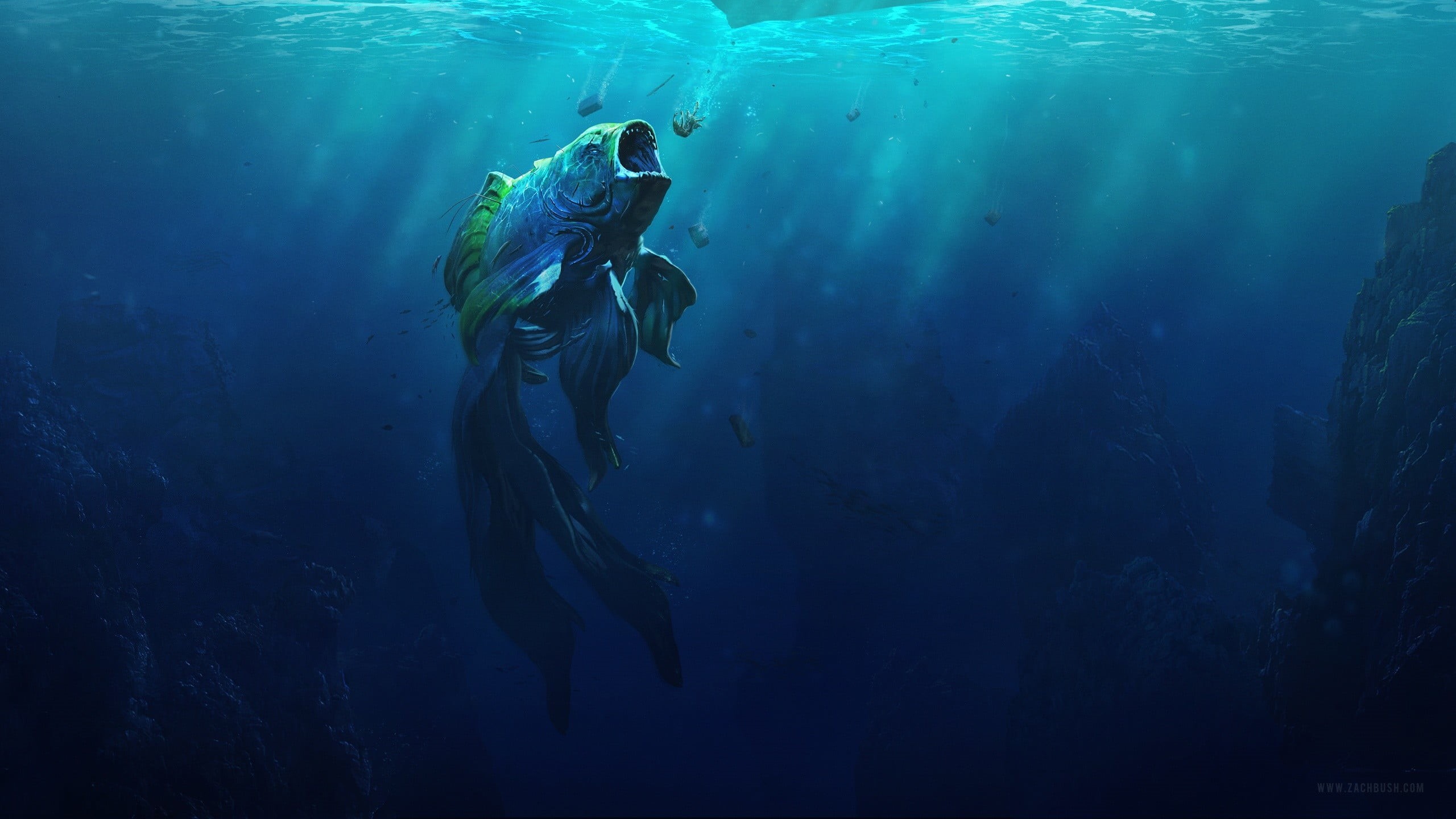 swimming, aquatic sport, animal, leisure activity, marine, underwater diving, nature, Desktopography, sea, green, fish, sport, scuba diving, digital art, HD Wallpaper