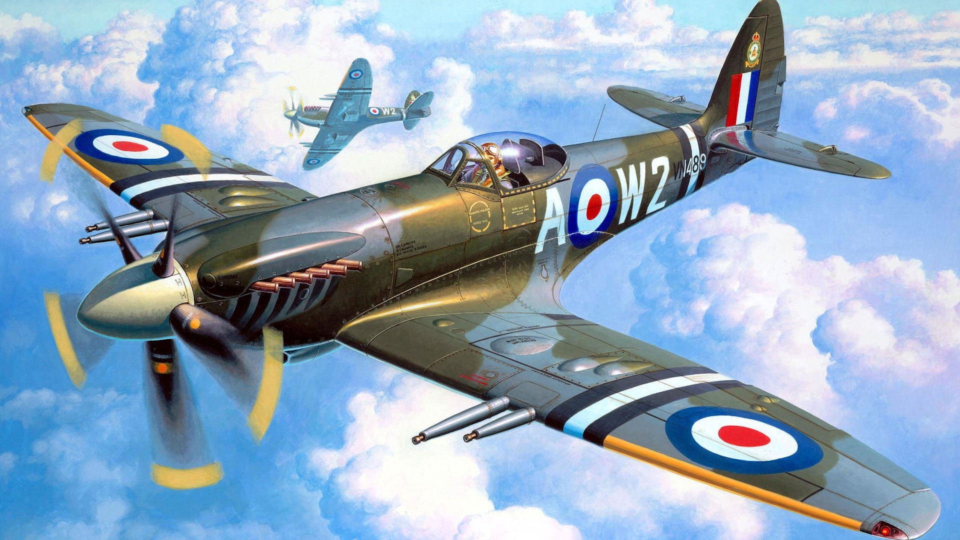 military, flying, art, aow, Mk.22/24, Supermarine, mode of transportation, airplane, airshow, sky, digital, army, Spitfire, fighter plane, green, HD Wallpaper