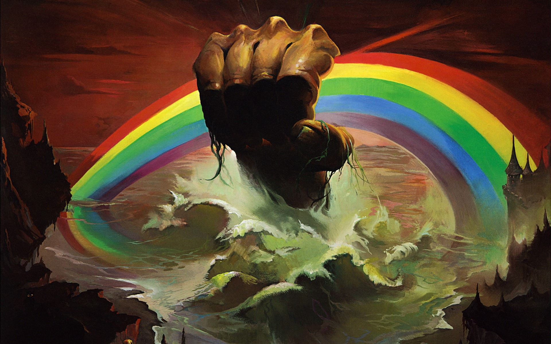 Figure, Mountains, Kelly, Art, fish, Sea, Wave, paint, Rising, paintings, art and craft, Rainbow, yellow, Ronald, Dio, Castle, Metal, Blackmore, Ritchie, HD Wallpaper