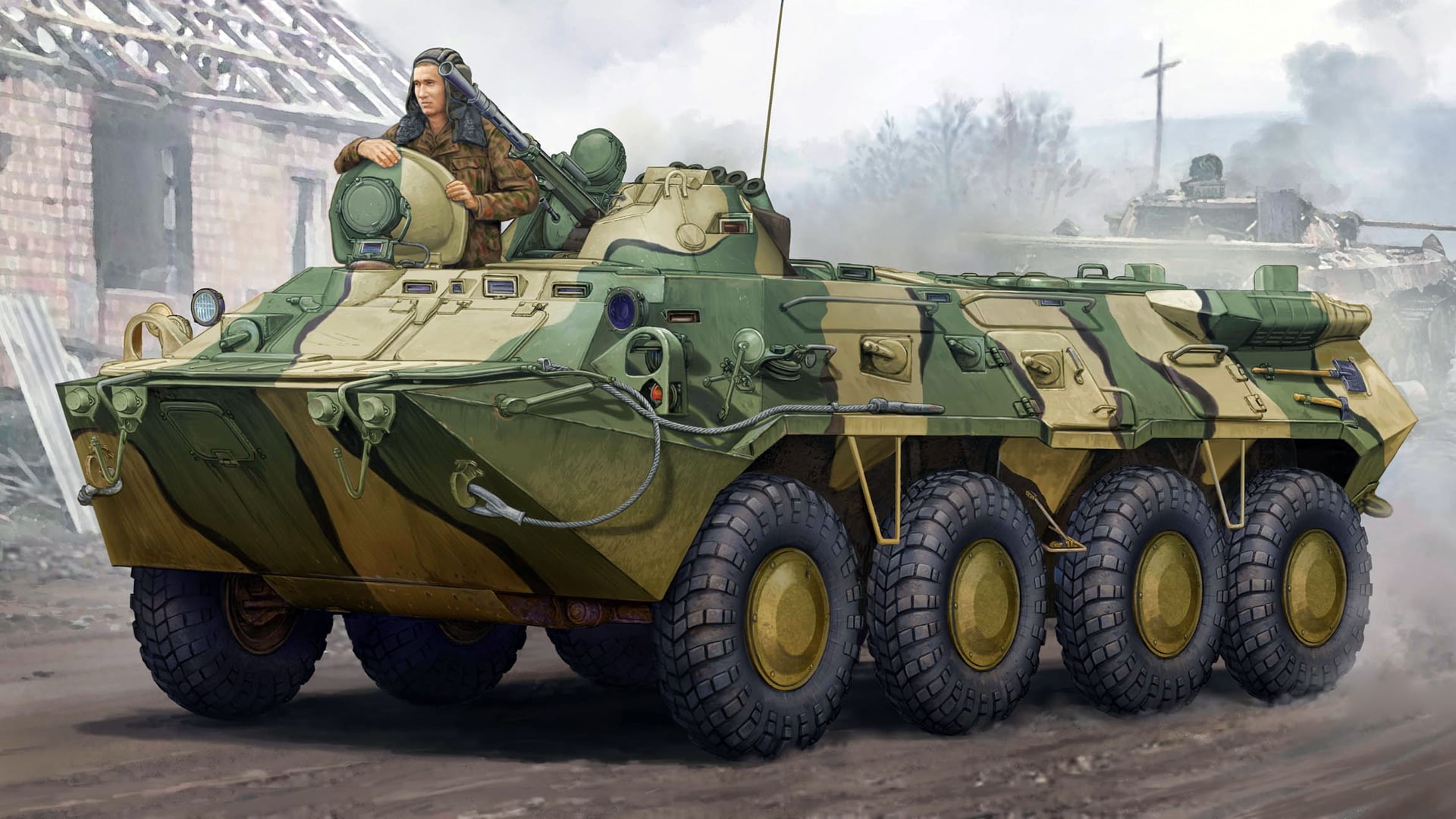 brown, army, military, water, people, armed forces, tank, transportation, battle, weapon, fighting, Soviet armoured personnel carrier, BTR-80, HD Wallpaper