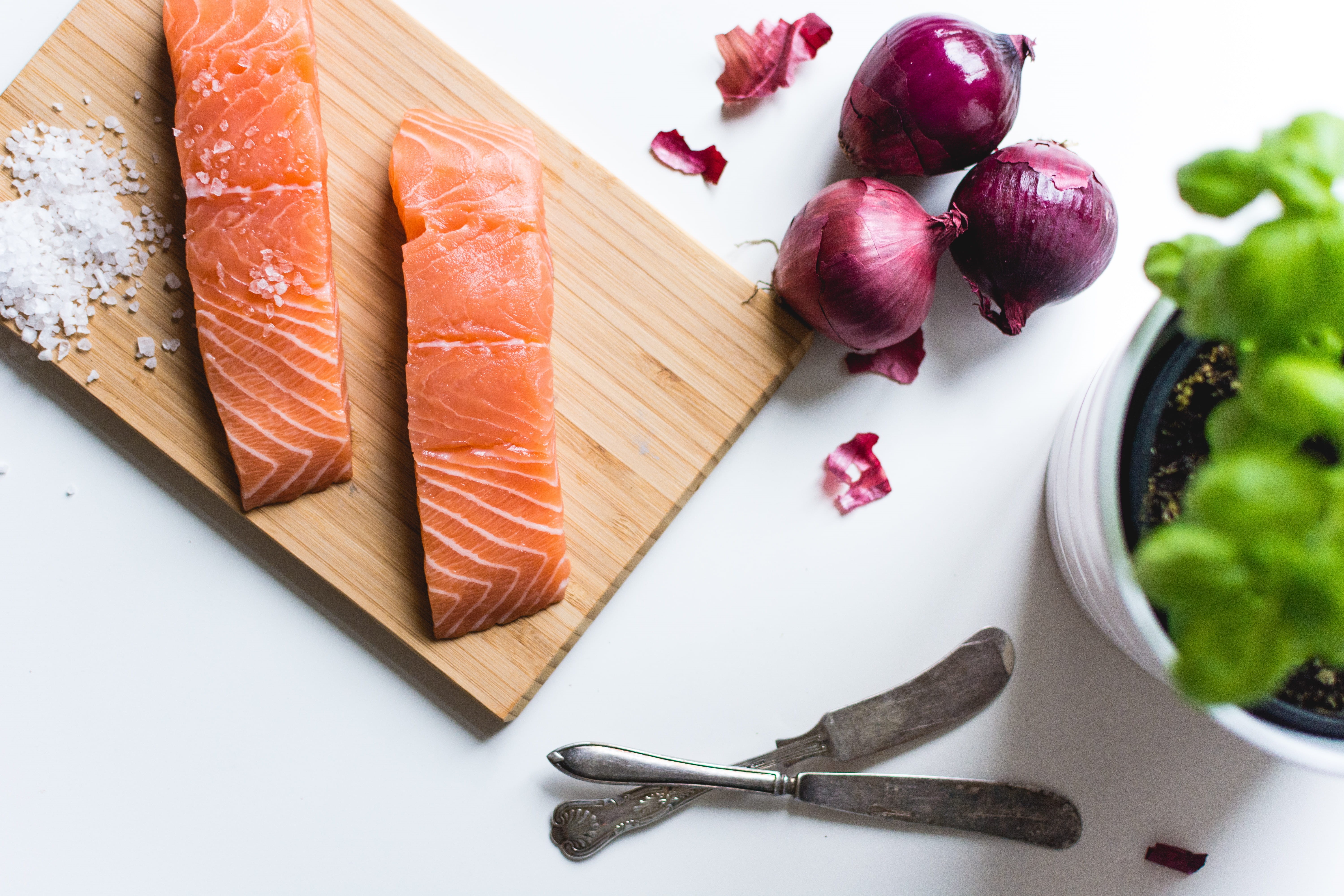 Salmon, indoors, red, fillets, freshness, japanese food, food, healthy Eating, high angle view, white background, fish, seafood, still life, close-up, top view, HD Wallpaper
