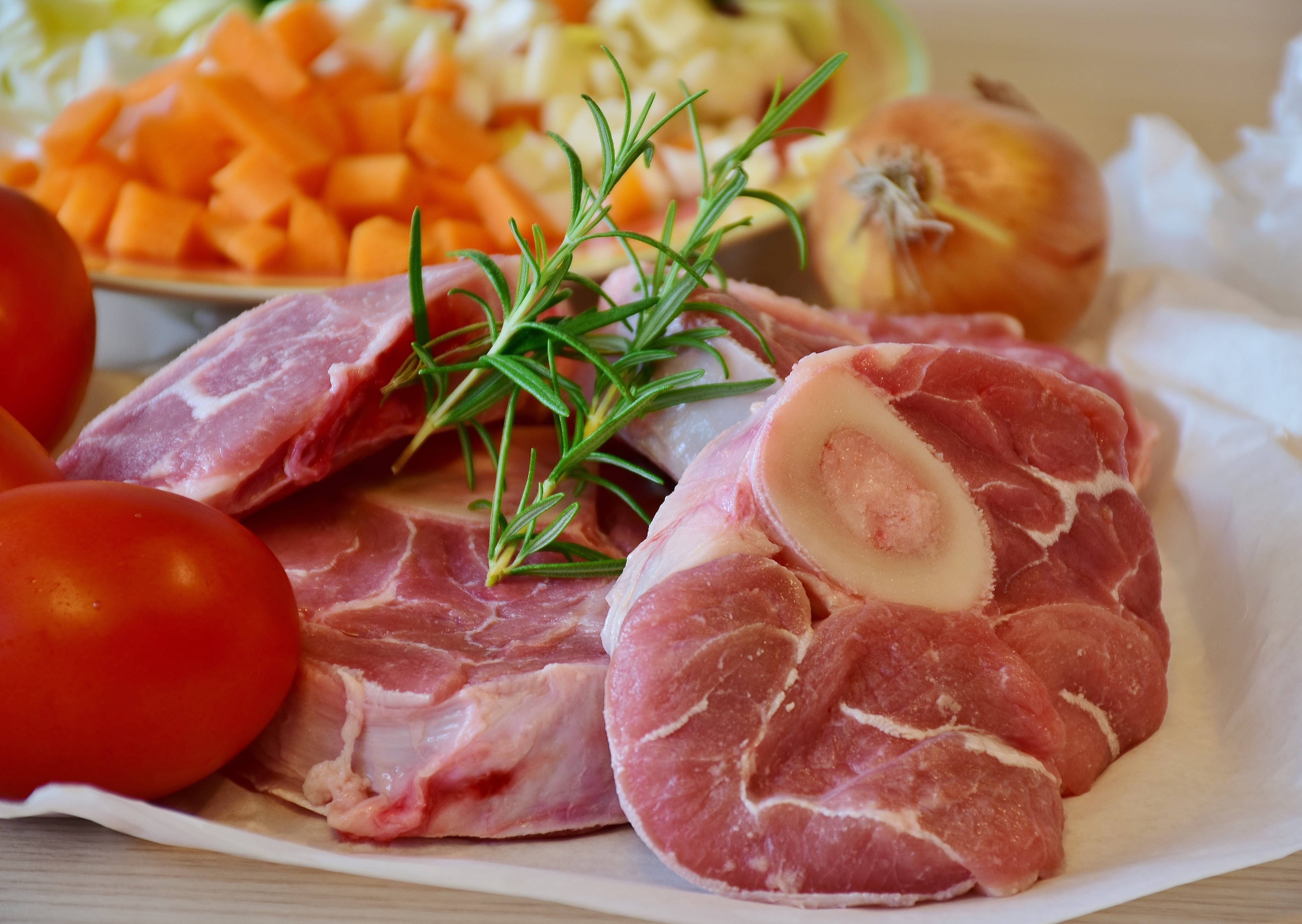 plate, processed meat, tomato, spice, Calf, leg slices, healthy eating, herb, vegetable, Veal, spicy, lunch, Osso Buco, 5K, delicious, Meat, herbs, still life, HD Wallpaper