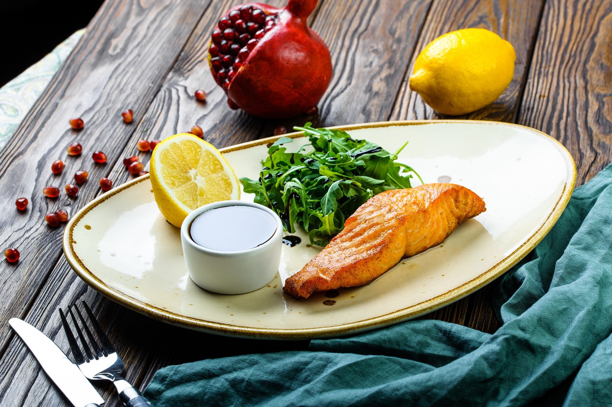 indoors, still life, meat, salmon, lemon, no people, citrus fruit, drink, herb, glass, household equipment, vegetable, food and drink, high angle view, HD Wallpaper