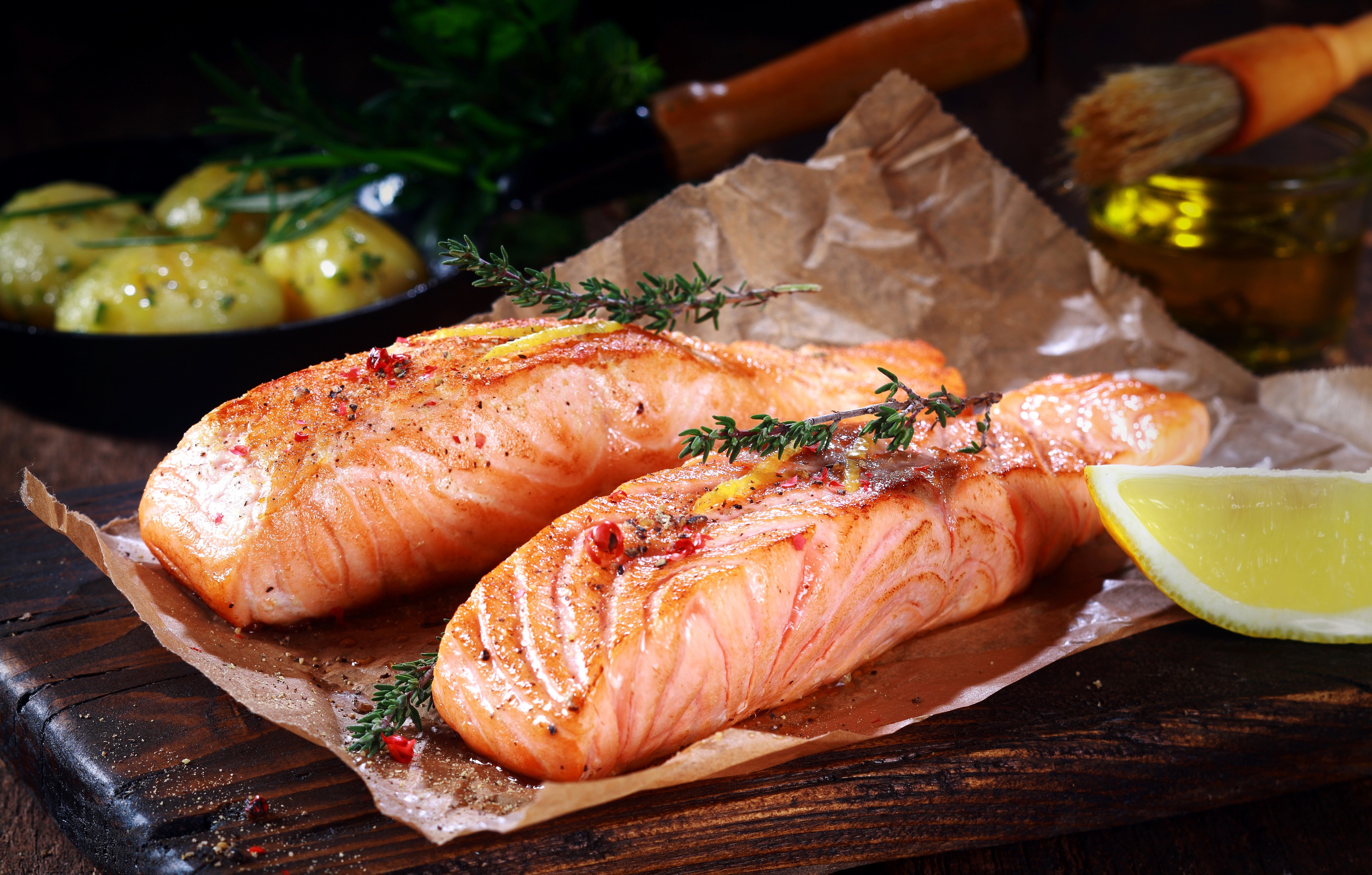 5K, salmon, Grilled Salmon, fish, food, HD Wallpaper