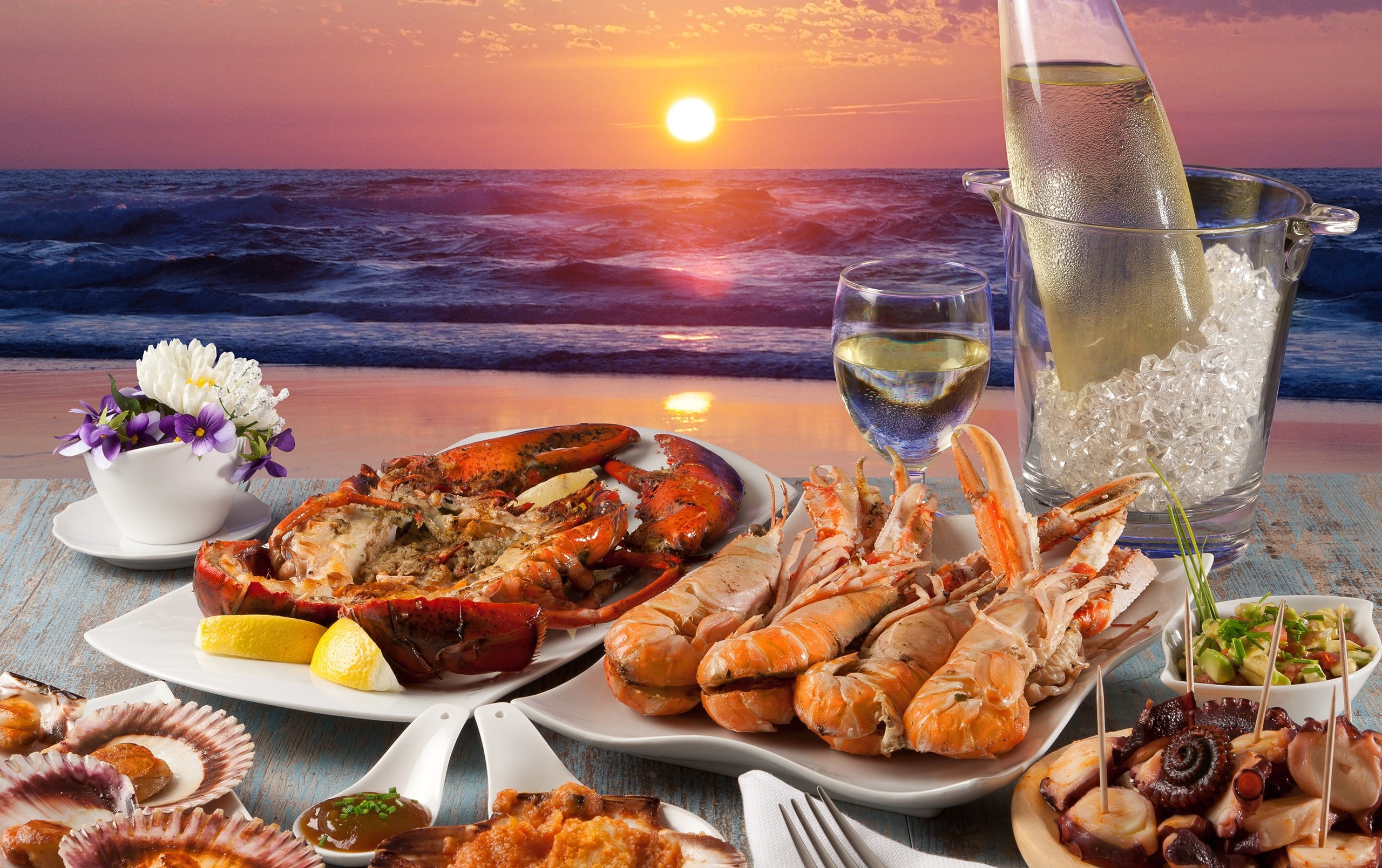sea, mussels, ice, seafood, 2K, wine, lobster, HD Wallpaper