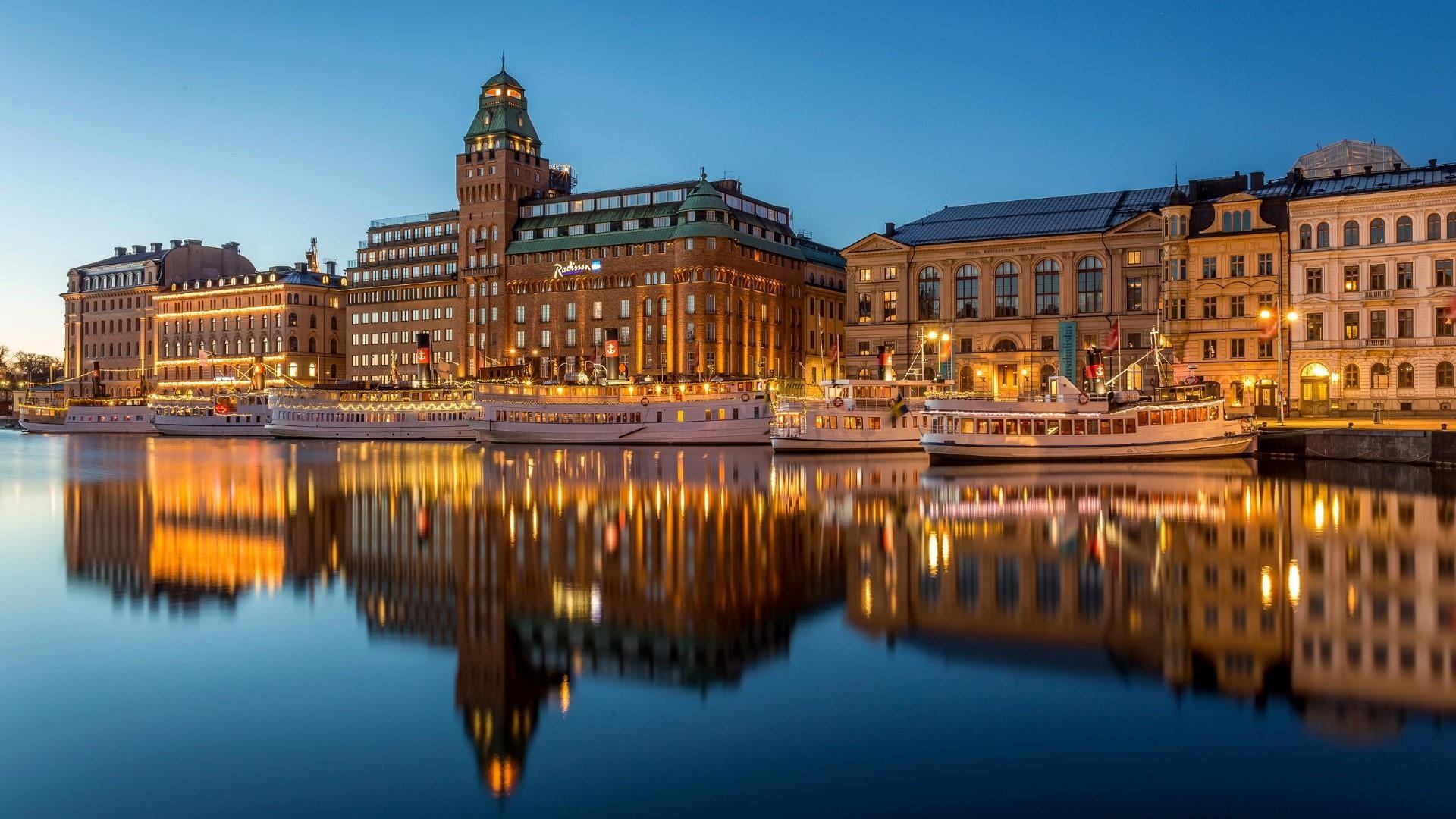 illuminated, radisson blu strand hotel, sky, europe, building, city, the past, waterfront, built structure, sweden, landmark, travel, waterway, travel destinations, HD Wallpaper