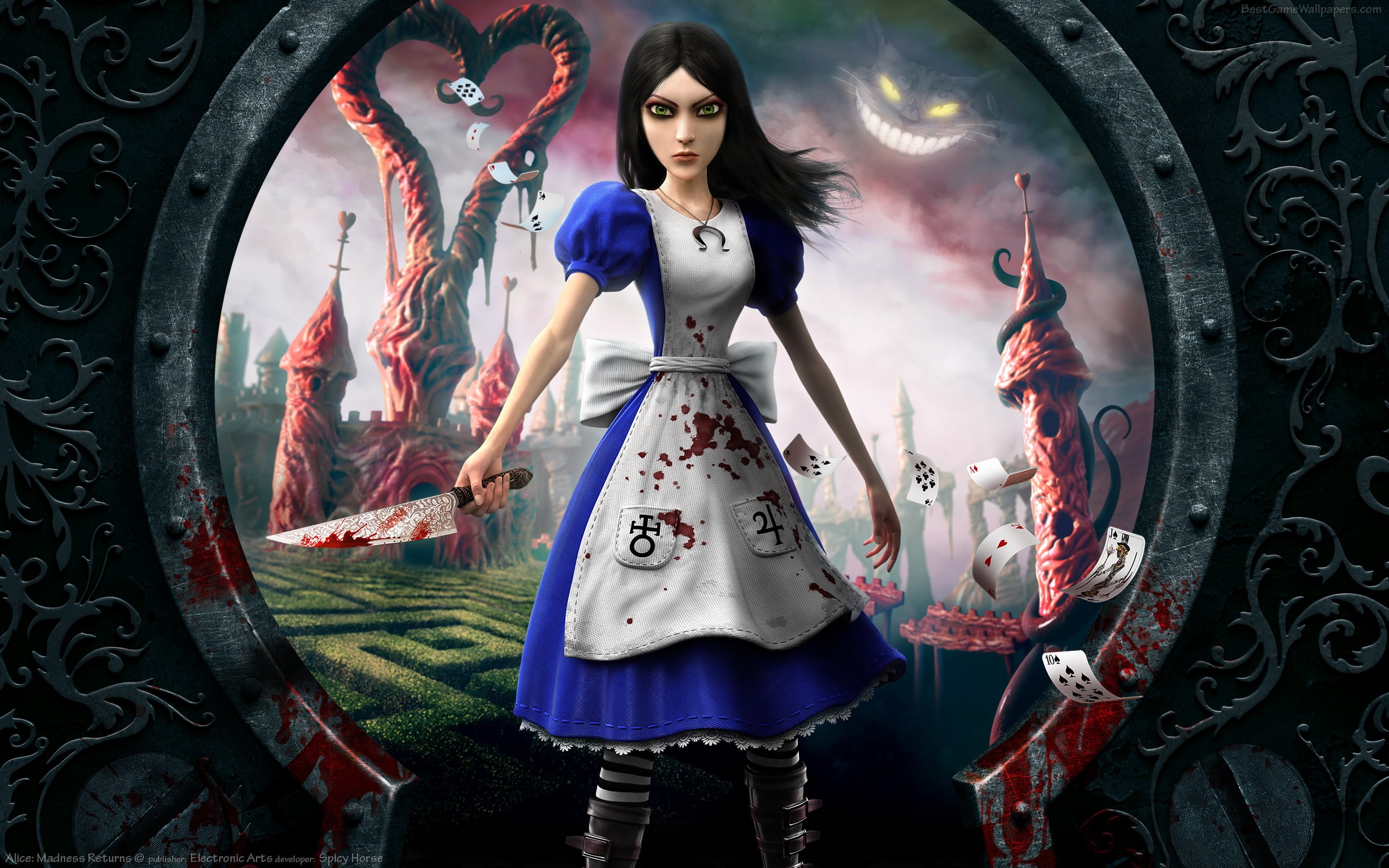 video games, returns, black, alice, cartoon, blu, haired, woman, hd, 2K, white, madness, character, dress, HD Wallpaper