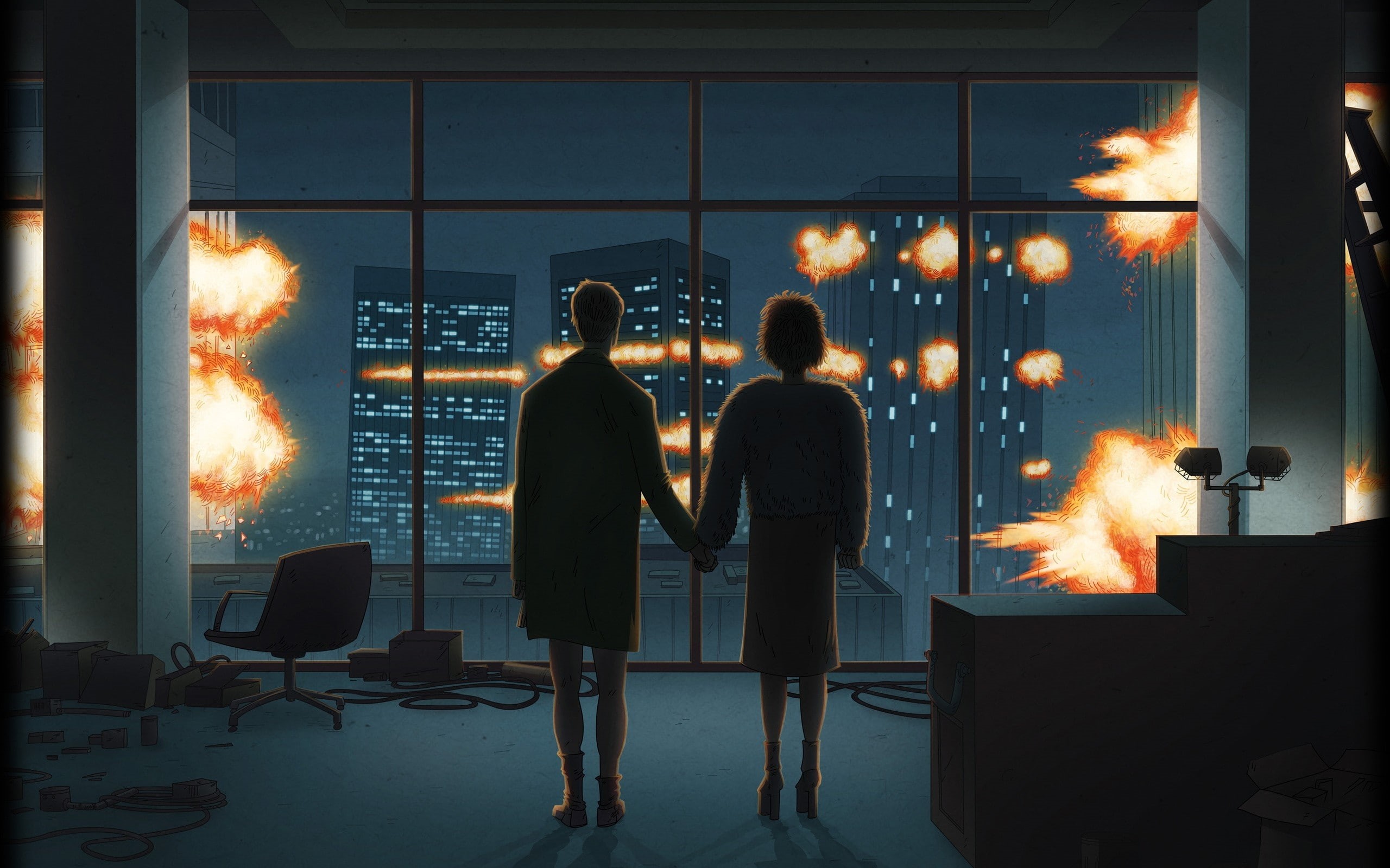 technology, buildings, fight, club, x, explosions, holding, hd, window, panes, 2K, art, digital, Fight Club, marla, windows, couple, hands, singer, HD Wallpaper