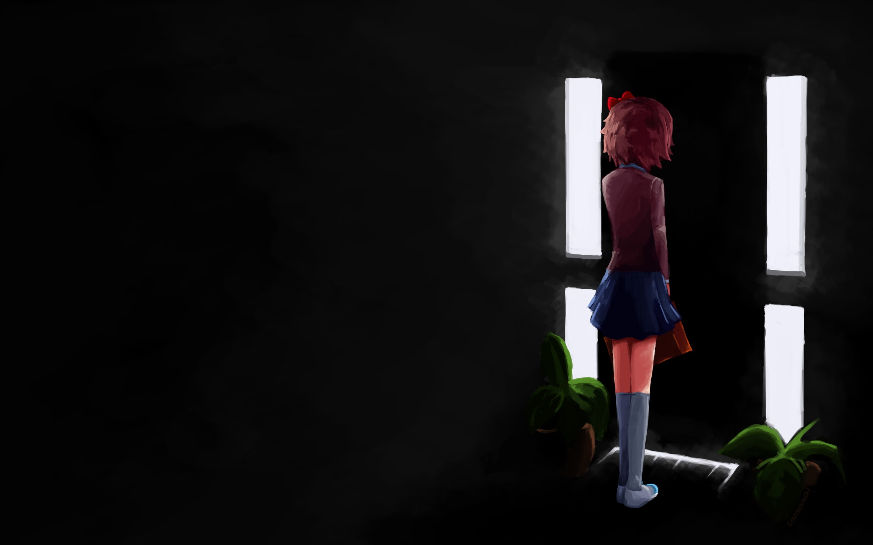 Sayori (Doki Doki Literature Club), anime, Doki Doki Literature Club, dark background, 2K, HD Wallpaper