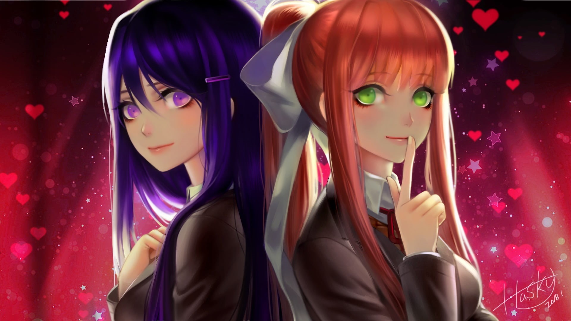 portrait, beautiful woman, 1080P, Monika (Doki Doki Literature Club), purple, store, representation, indoors, mannequin, pink, young women, print, front view, HD Wallpaper