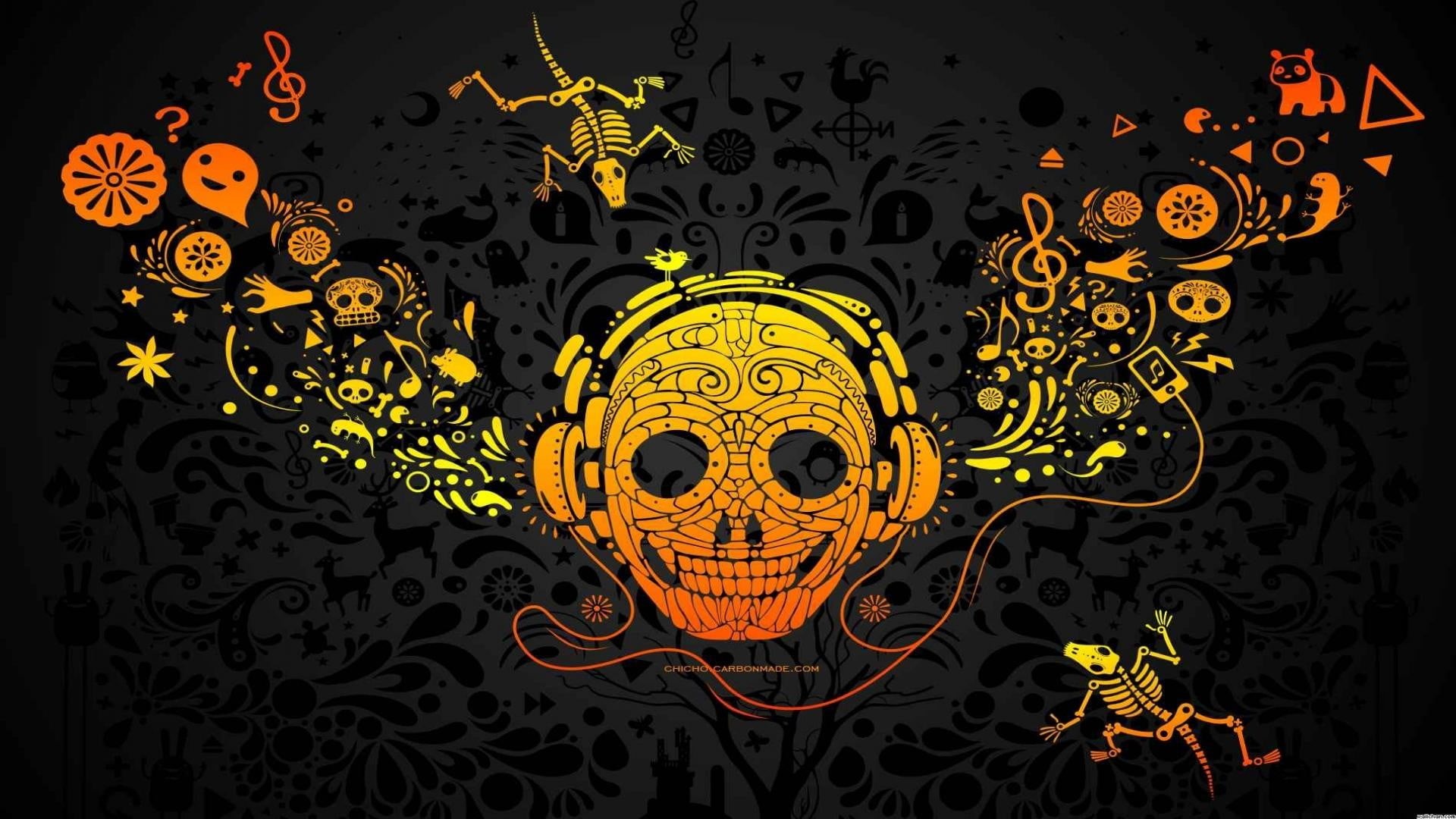 low angle view, DJ, skull, celebration, craft, no people, floral pattern, lighting equipment, orange, night, black color, design, backgrounds, HD Wallpaper