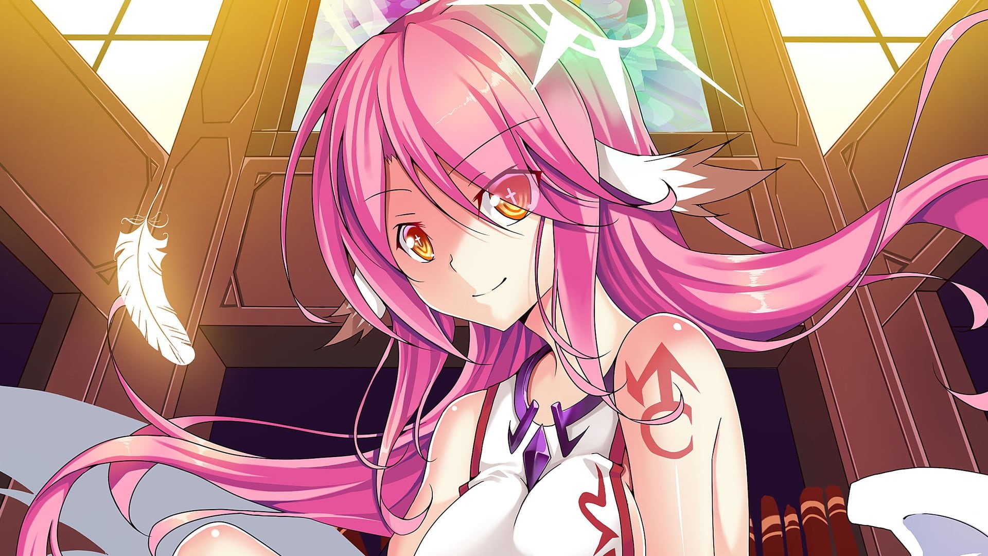 looking at viewer, haired, pink, women, fashion, indoors, illuminated, anime girls, illustration, 1080P, Jibril, pink hair, close-up, multi colored, creativity, HD Wallpaper
