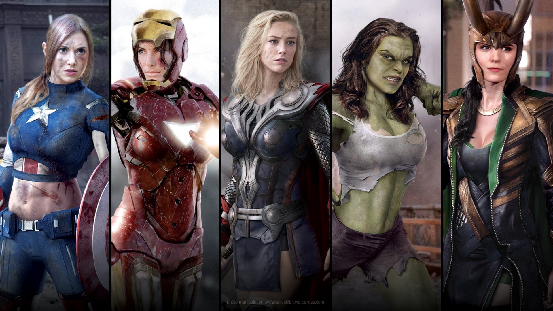 Iron Man, The Avengers, hero, photo manipulation, 1080P, women, Captain America, collage, Loki, fakes, Sandra Bullock, Thor, Amber Heard, Hulk, Alison, HD Wallpaper