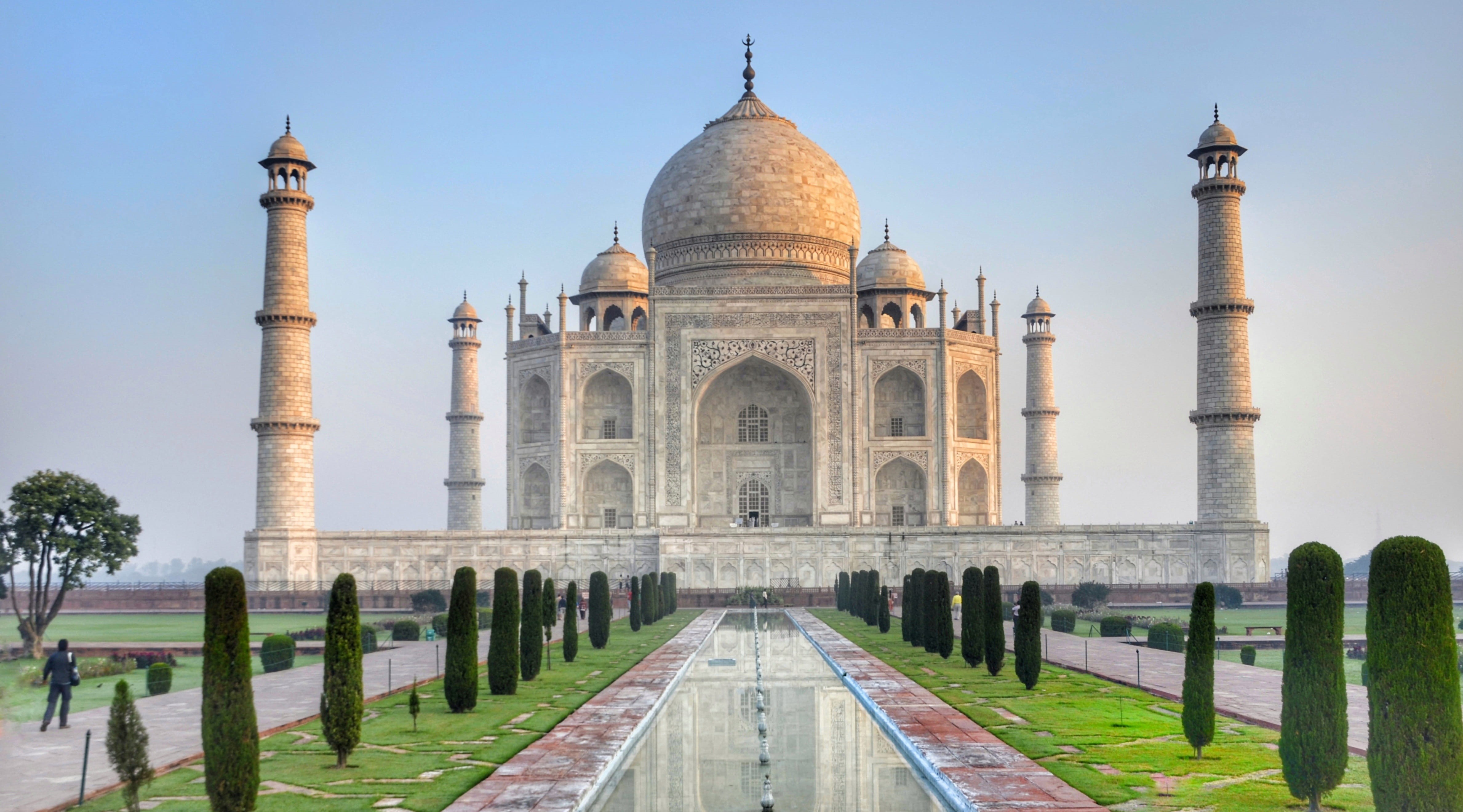 nature, spirituality, history, ancient, city, plant, religion, mausoleum, incidental people, 17th, century, travel, the past, arch, agra, dome, day, taj mahal, HD Wallpaper