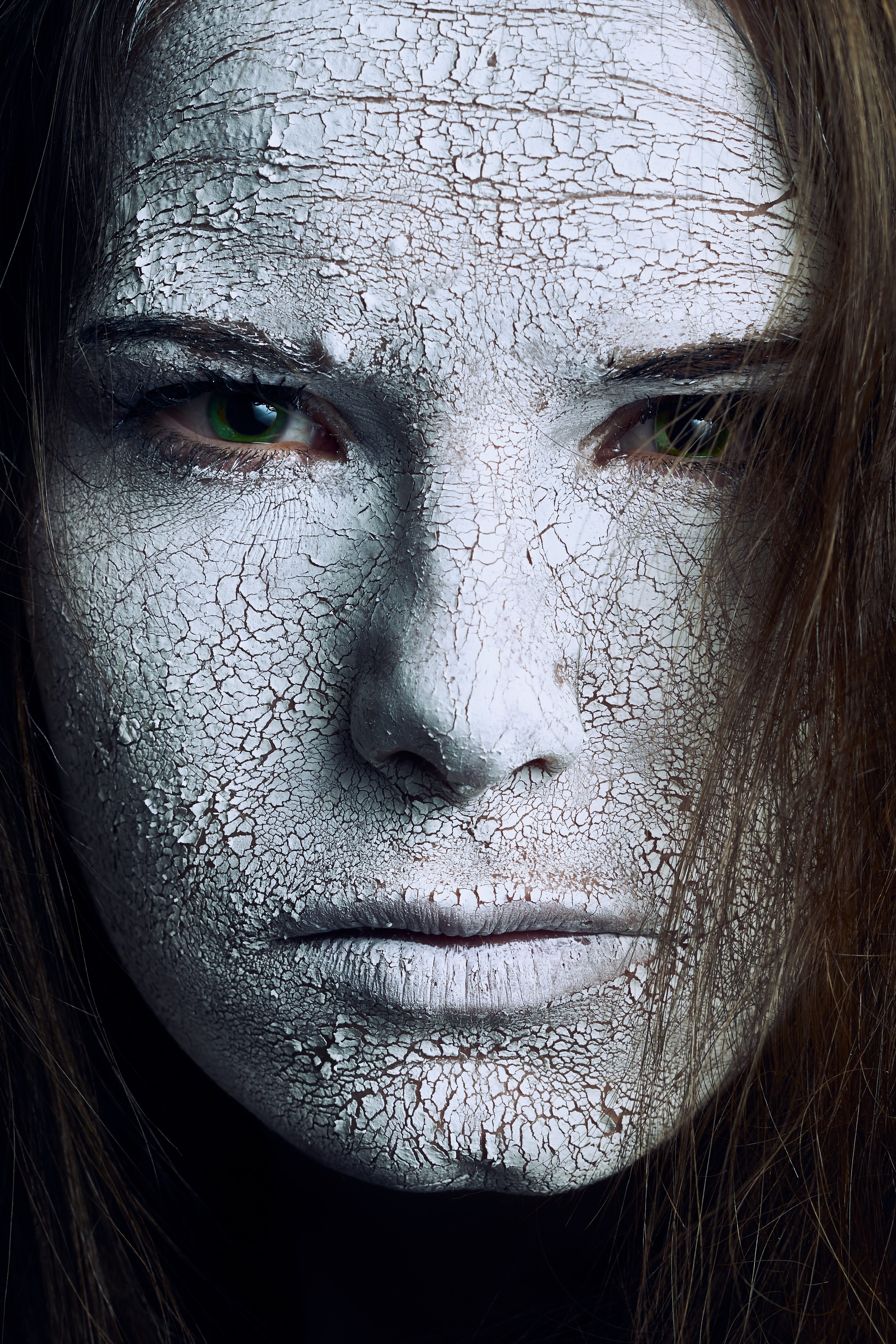 indoors, females, looking at camera, headshot, body part, skin, halloween, green, one person, close-up, cracks, creepy, evil, woman, eyes, intensive, cracked, Phone HD Wallpaper