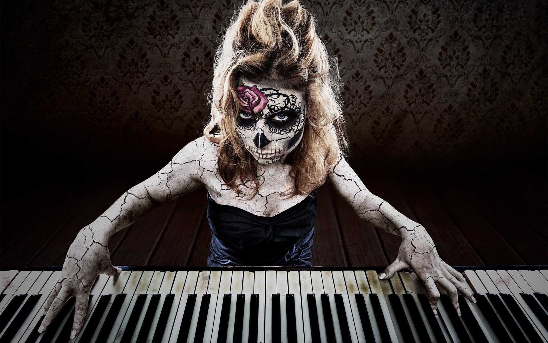 piano, black dress, long hair, playing, 1080P, model, Sugar Skull, body paint, women, Dia de los Muertos, looking at viewer, face, blonde, creepy, skull, HD Wallpaper