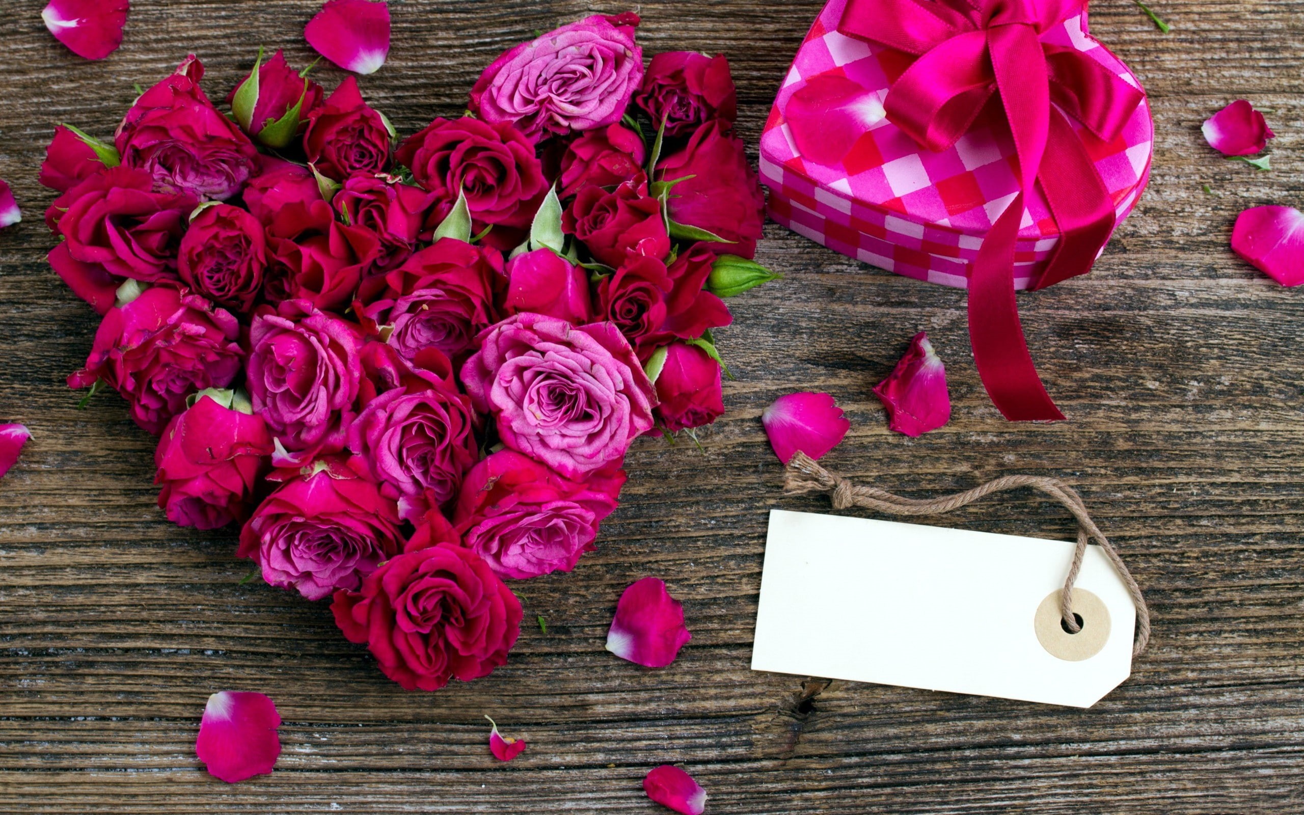 pink color, ribbon, high angle view, box - container, flowering plant, plant, table, pink roses, bouquet, freshness, nature, rose, wood - material, no people, HD Wallpaper