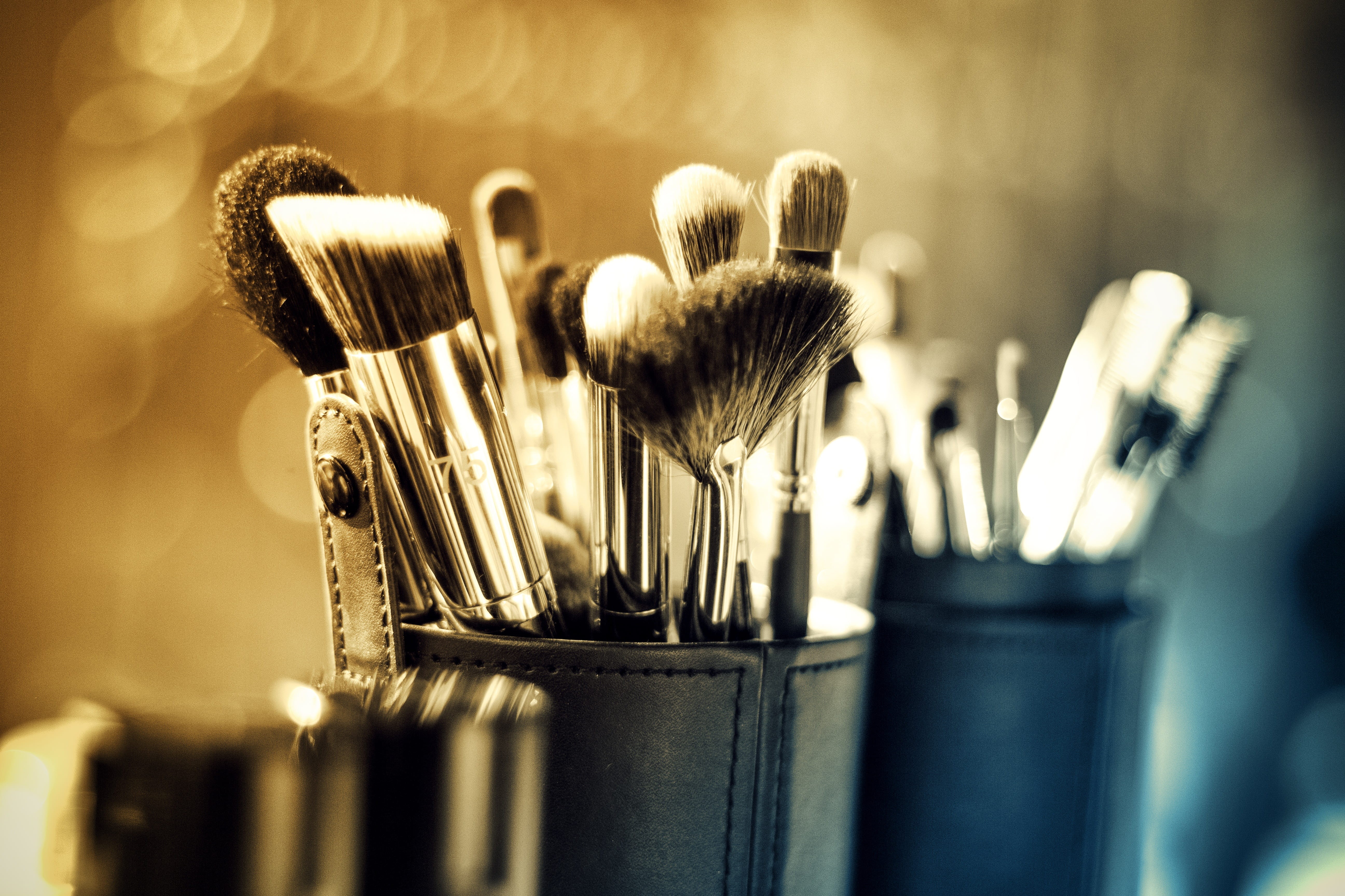still life, no people, make-up, group, brush, paintbrush, closeup, creativity, close-up, 5K, close to, art and craft, indoors, make-up brush, container, HD Wallpaper
