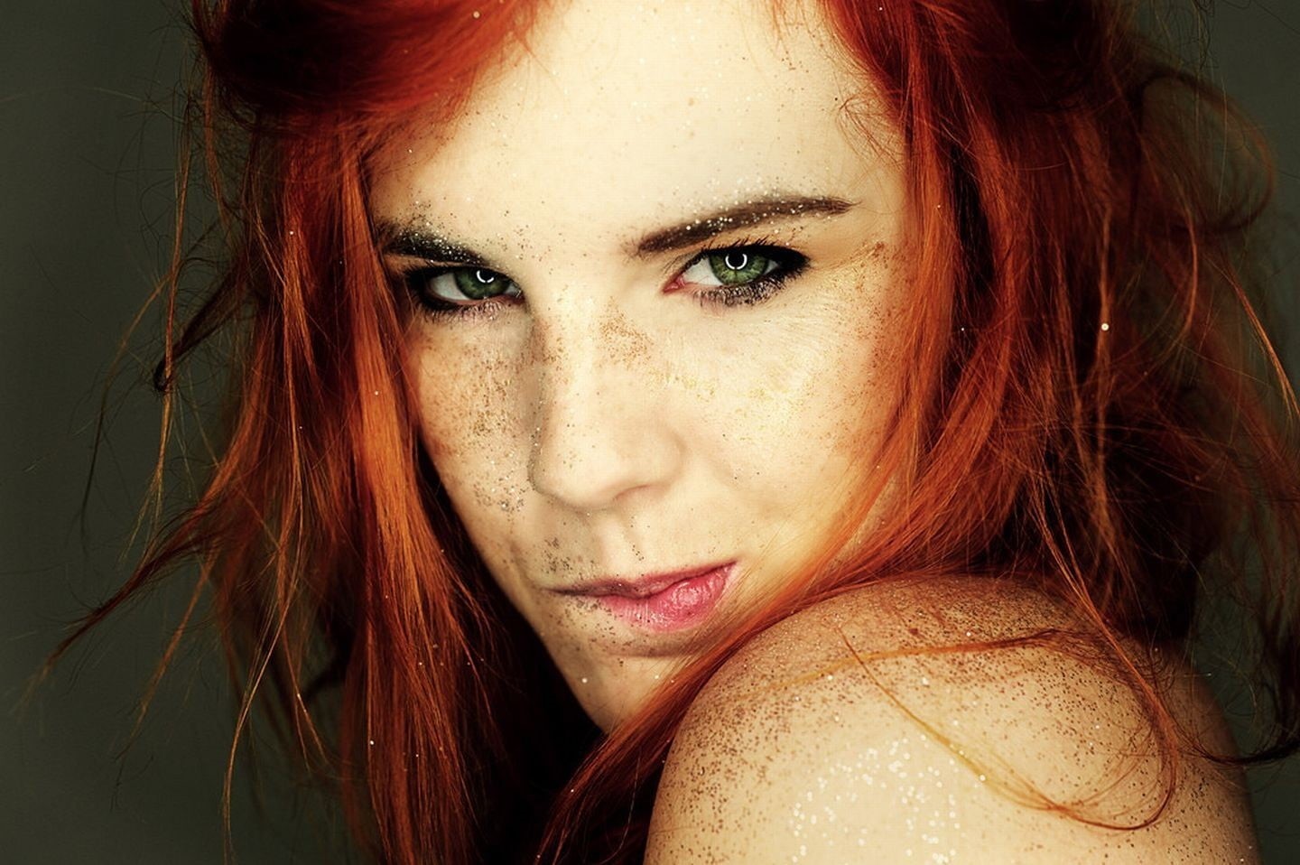 dyed red hair, face, long hair, young adult, sand, 720P, portrait, beautiful woman, contemplation, human face, s, glitter, young women, front view, real people, HD Wallpaper