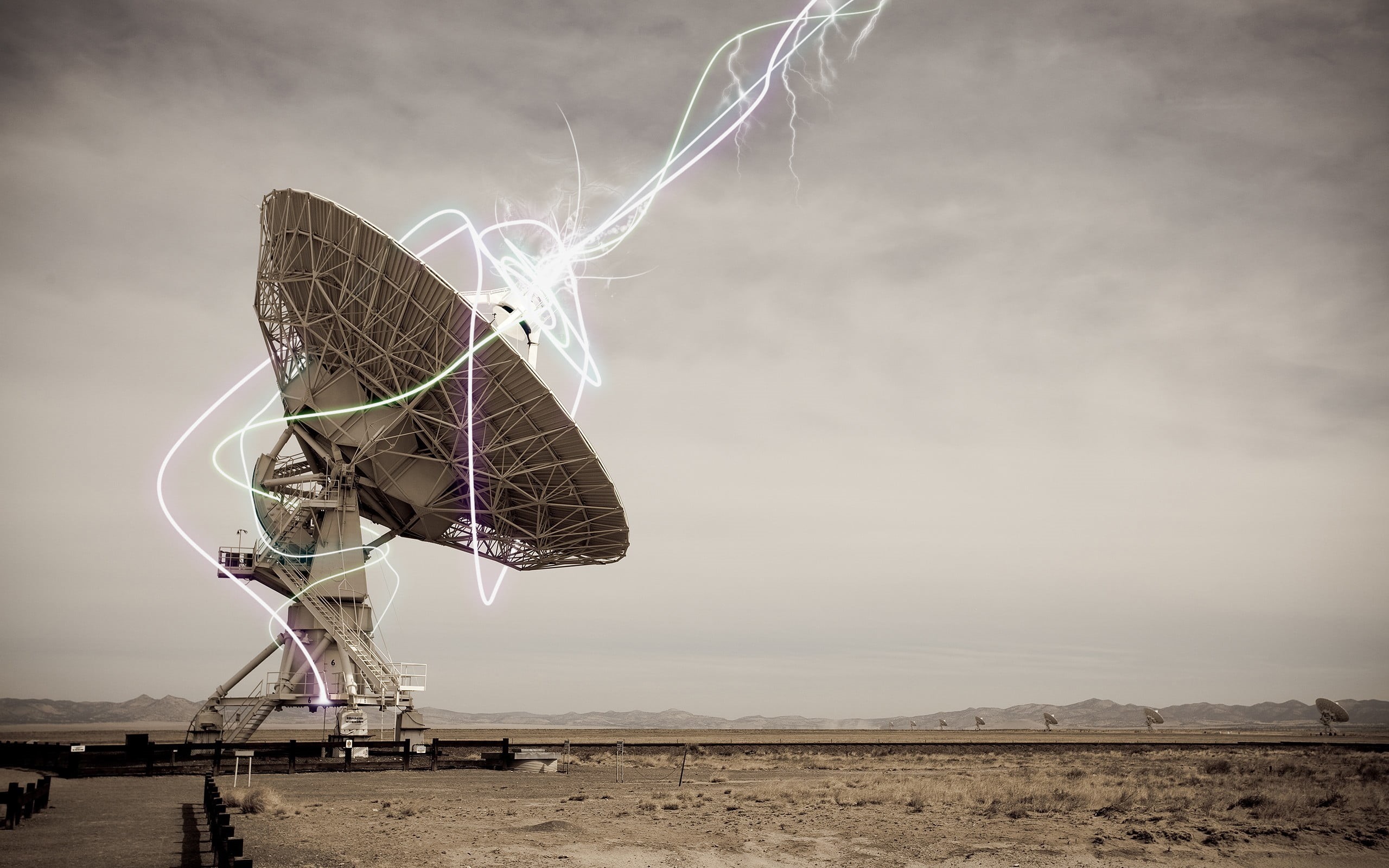 antenna, landscape, neon, low angle view, outdoors, satellite, lights, 2K, shapes, arid climate, architecture, environment, abandoned, land, global communications, HD Wallpaper