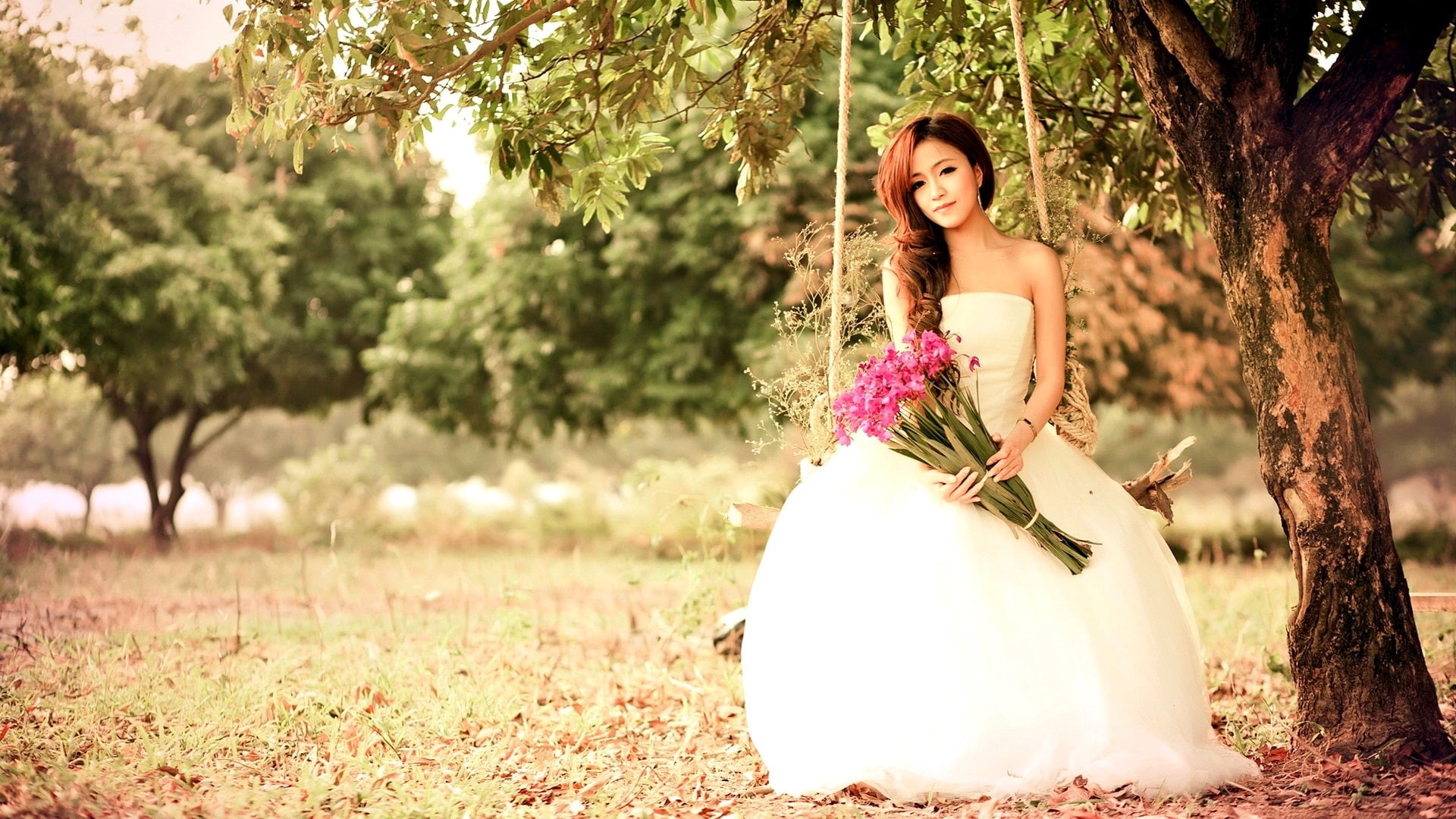 Swing, Dress, Girl, 1080P, Play, Flowers, Asian, White, HD Wallpaper