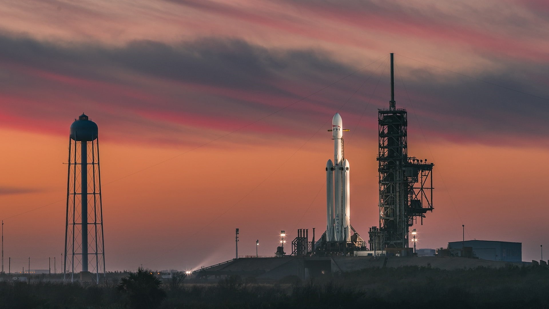 falcon heavy, architecture, technology, sky, global communications, cloud - sky, fuel and power generation, rocket, orange color, 1080P, space exploration, HD Wallpaper