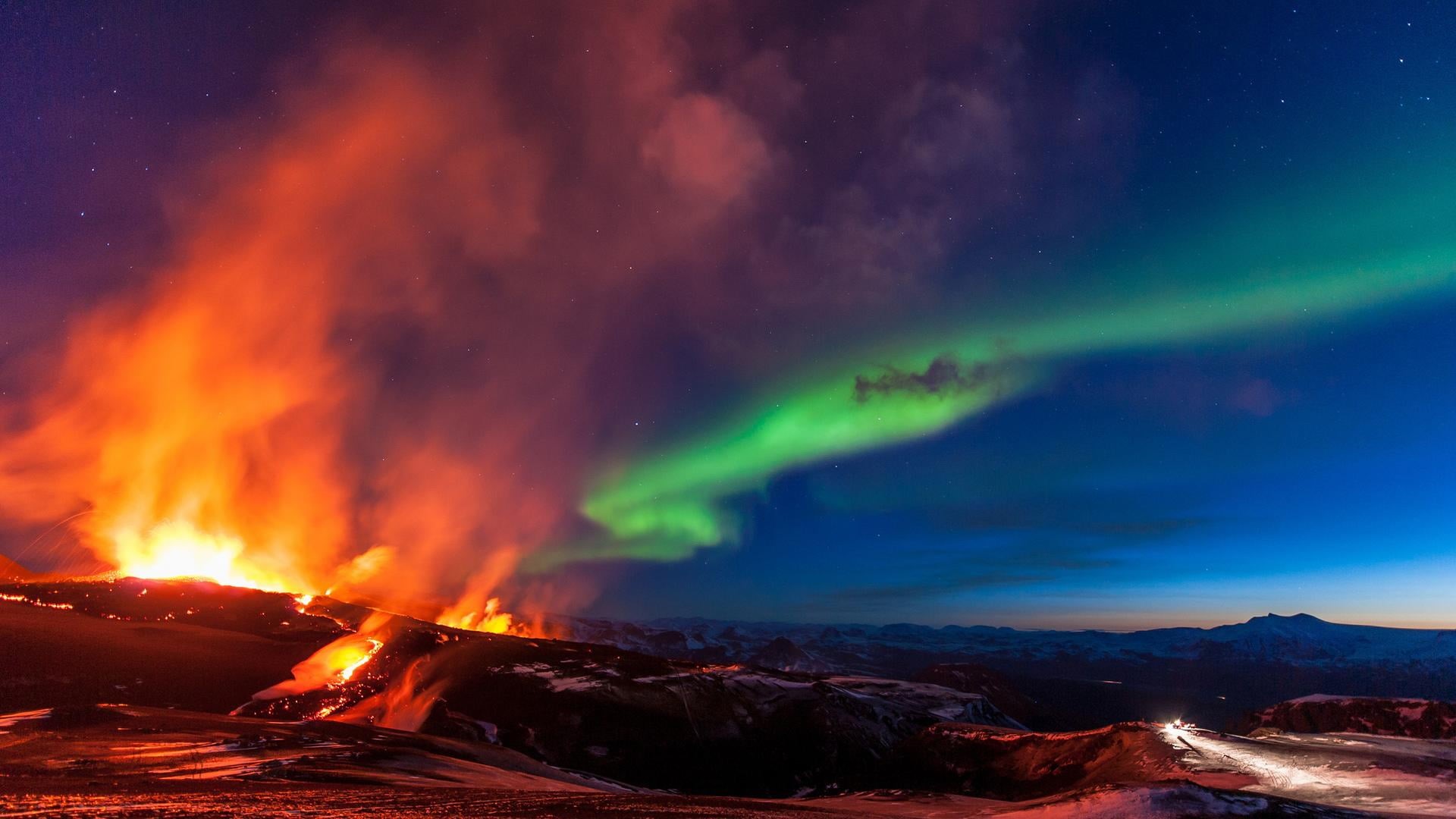 nature, northern, night, power, illuminated, environment, heat - temperature, land, scenics - nature, dark, natural phenomenon, power in nature, volcano, HD Wallpaper