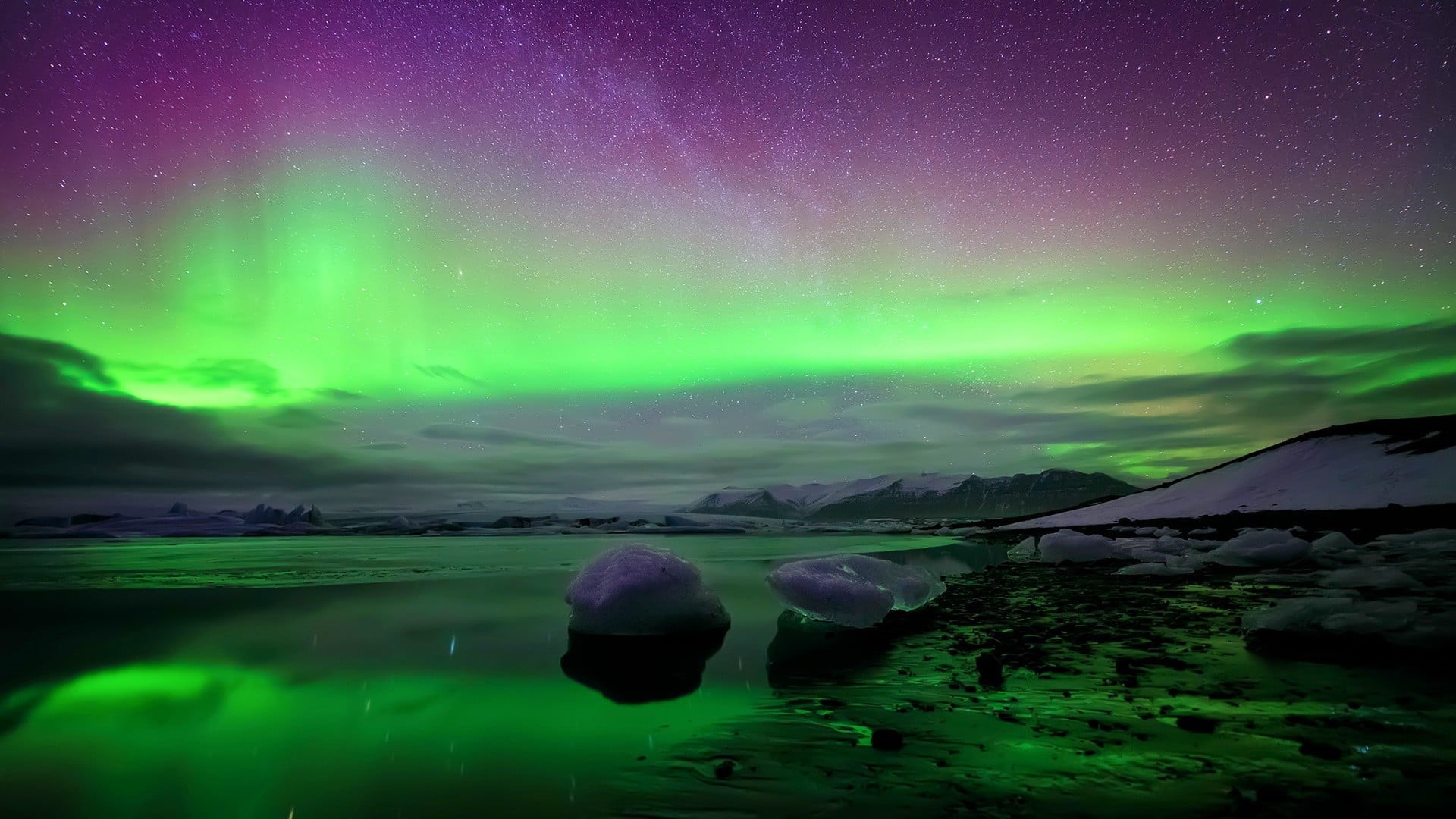 lights, ice, tranquility, cold temperature, green, space, beauty in nature, luminosity, scenics - nature, nature, landscape, Norway, tranquil scene, night, HD Wallpaper