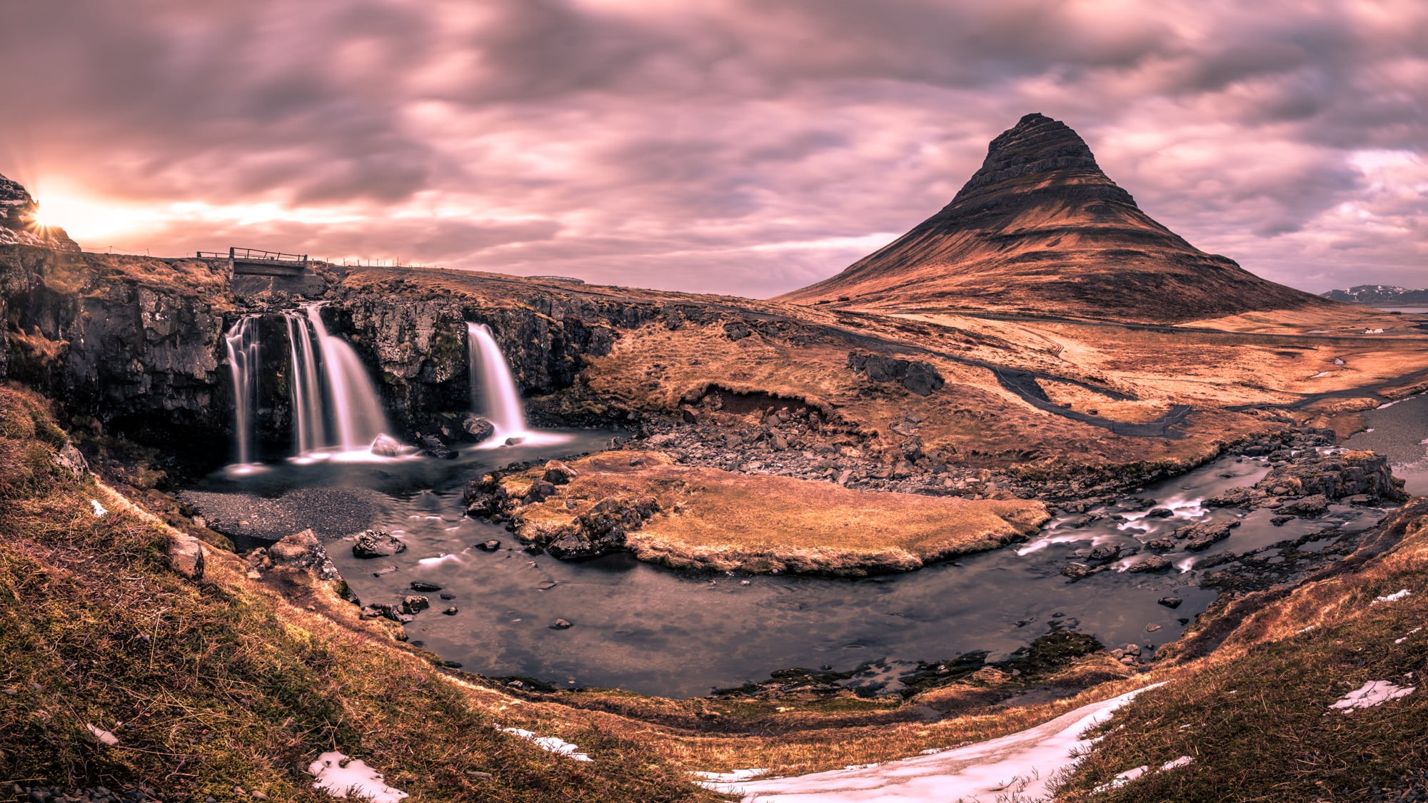 nature, 1080P, Iceland, sun  river, Sunset, mountain, clouds, Kirkjufell, cloudy, sky, portfolio, water, waterfall, Travel photography, waterfalls, landscape, HD Wallpaper