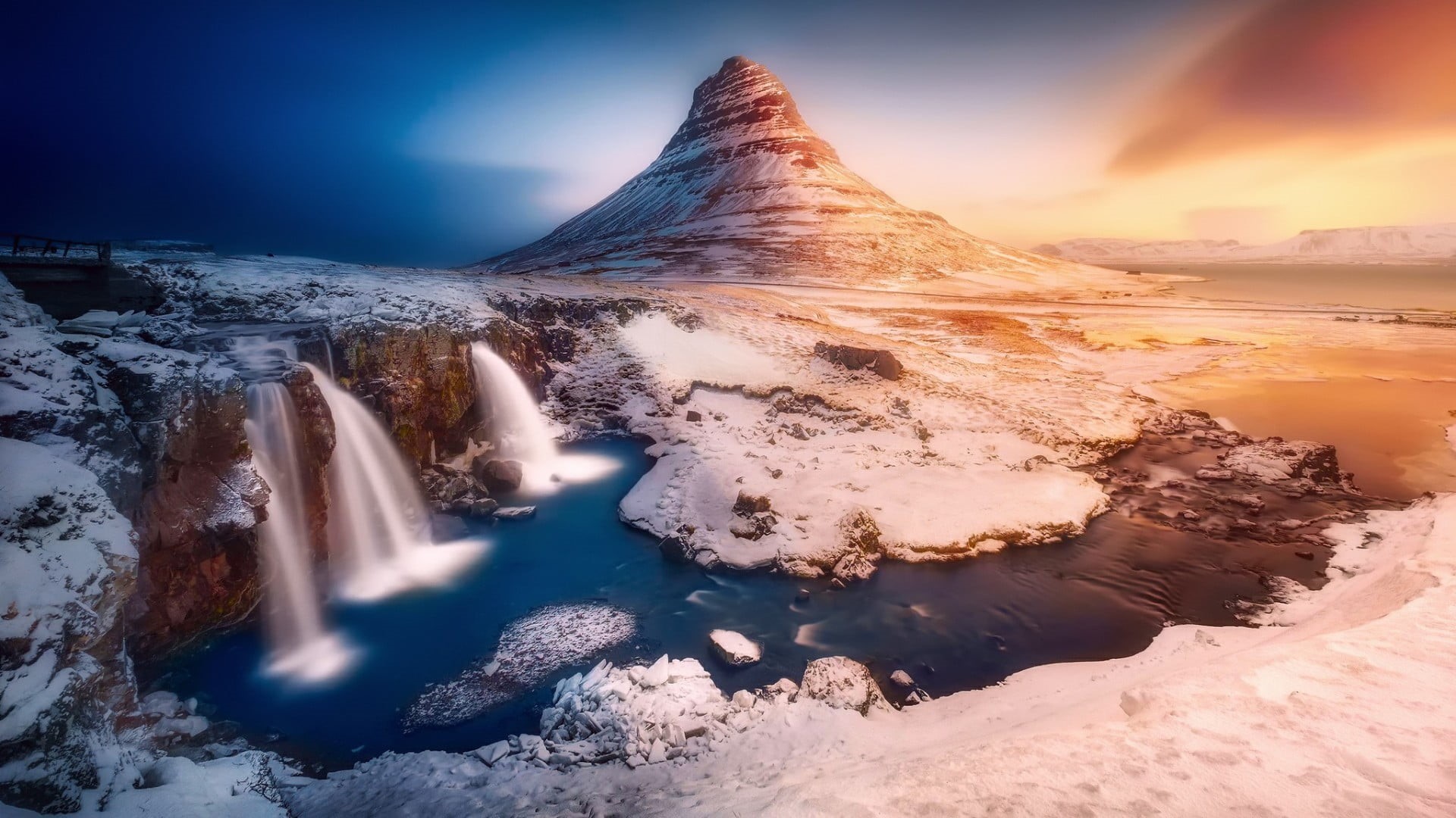 cold temperature, landscape, tranquil scene, long exposure, peak, water, iceland, winter, 1080P, flowing water, sky, kirkjufell waterfalls, kirkjufell mountain, HD Wallpaper