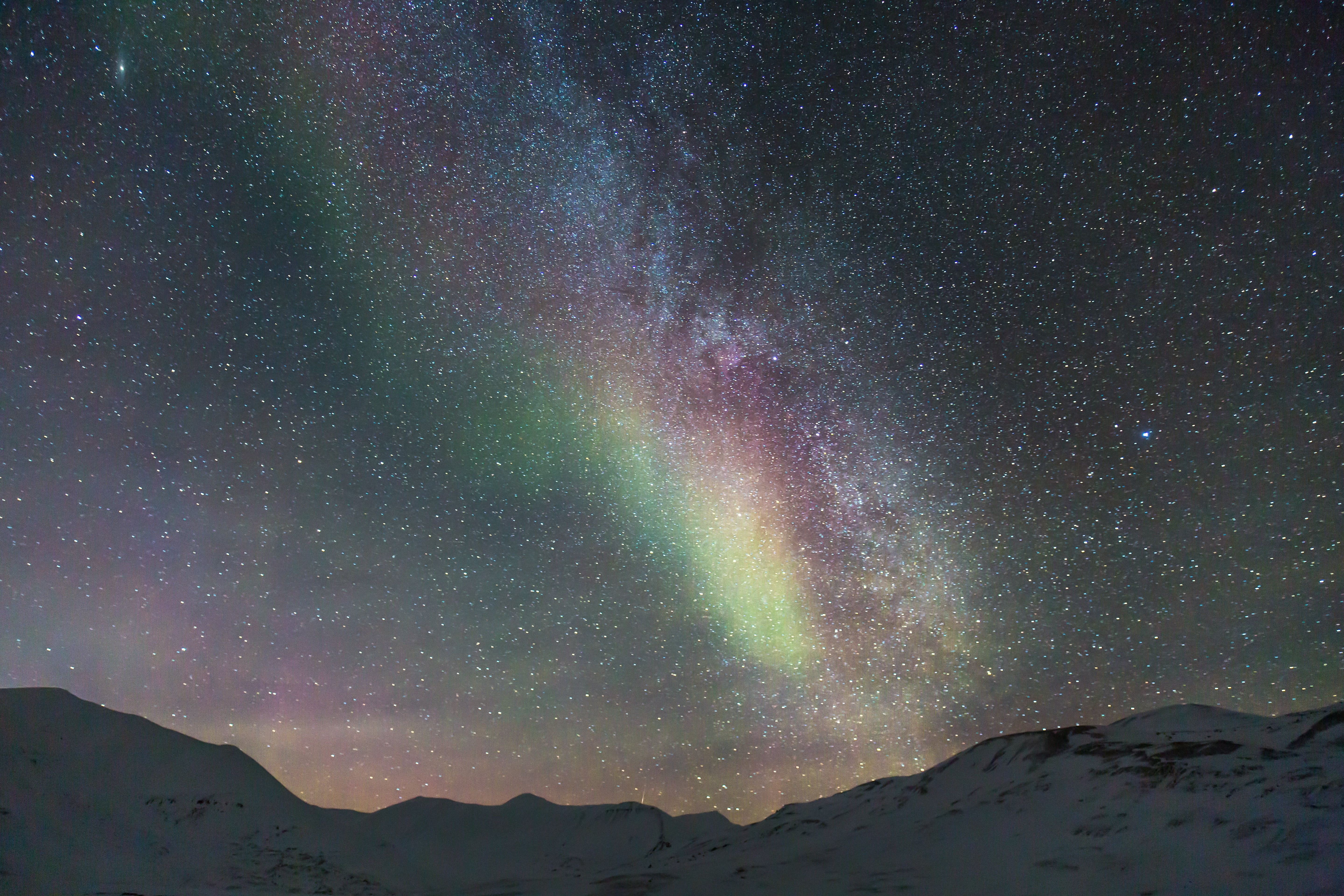 polar lights, non-urban scene, blue starry sky, milky Way, mountain, night, svalbard, galaxy, tranquility, snowcapped mountain, scenics - nature, astronomy, HD Wallpaper