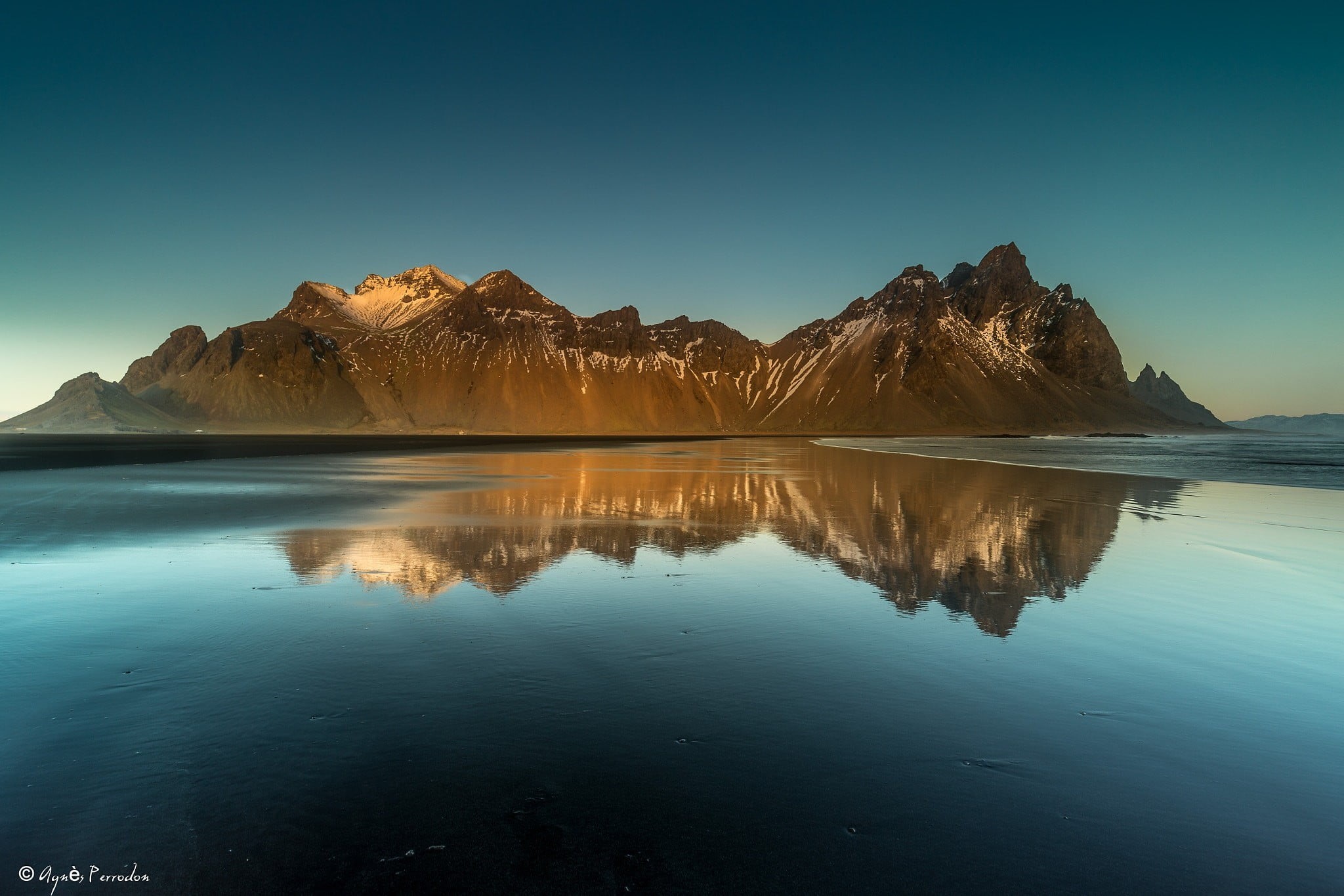 Agnès Perrodon, outdoors, rock - object, sky, clear sky, mountain peak, lake, waterfront, rock, no people, beauty in nature, 1080P, Vestrahorn, idyllic, HD Wallpaper