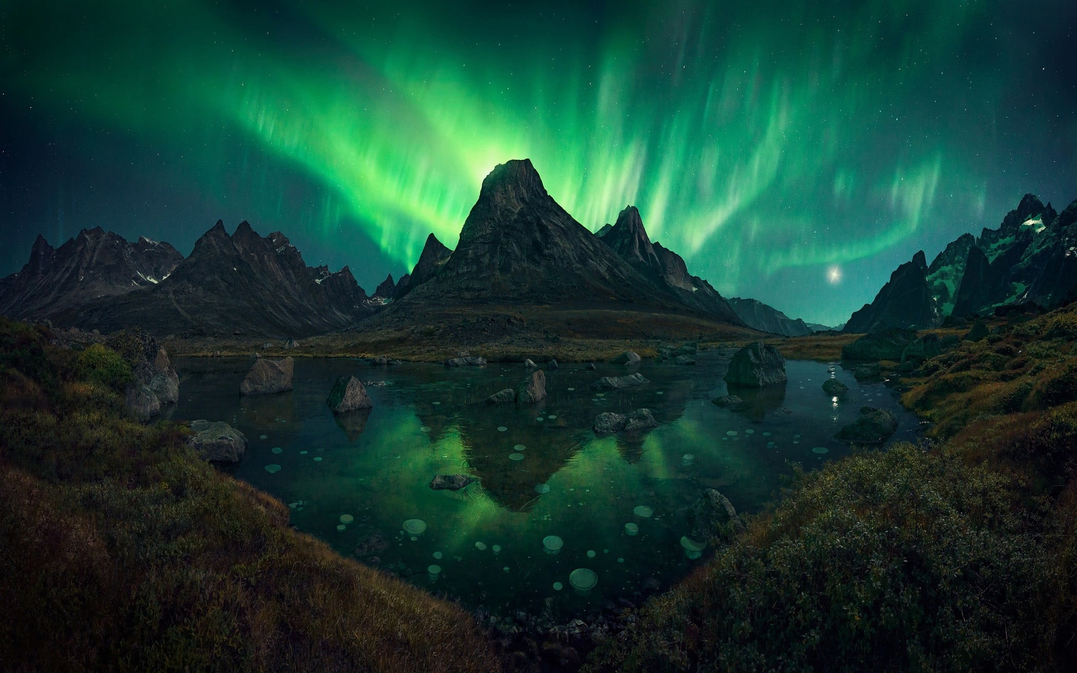 nature, star - space, Greenland, night, astronomy, water, environment, reflection, tranquility, mountains, mountain, summer, landscape, aurora polaris, HD Wallpaper