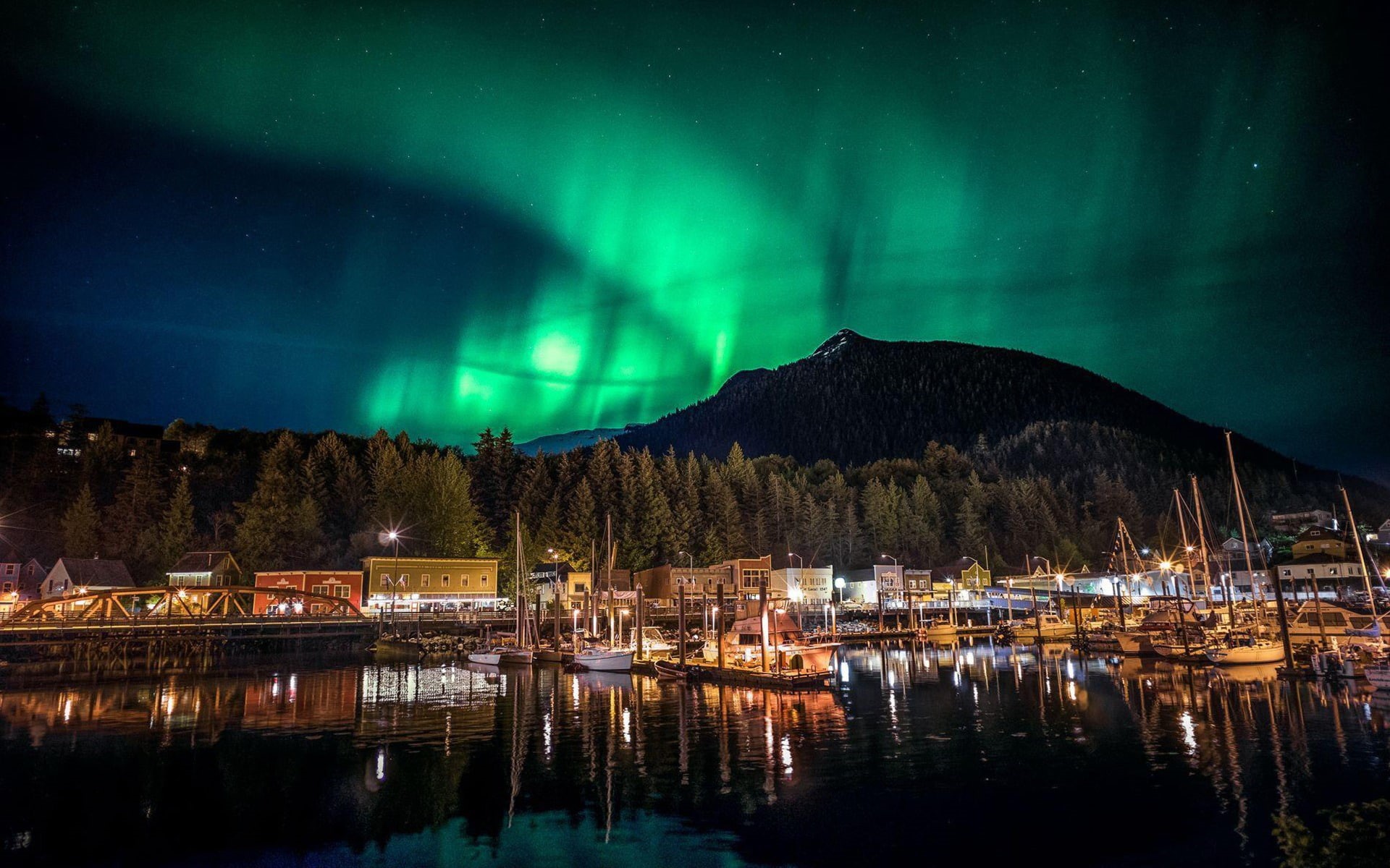 night, green color, sky, reflection, beauty in nature, tranquility, snowcapped mountain, ketchikan, travel destinations, star - space, 1080P, HD Wallpaper
