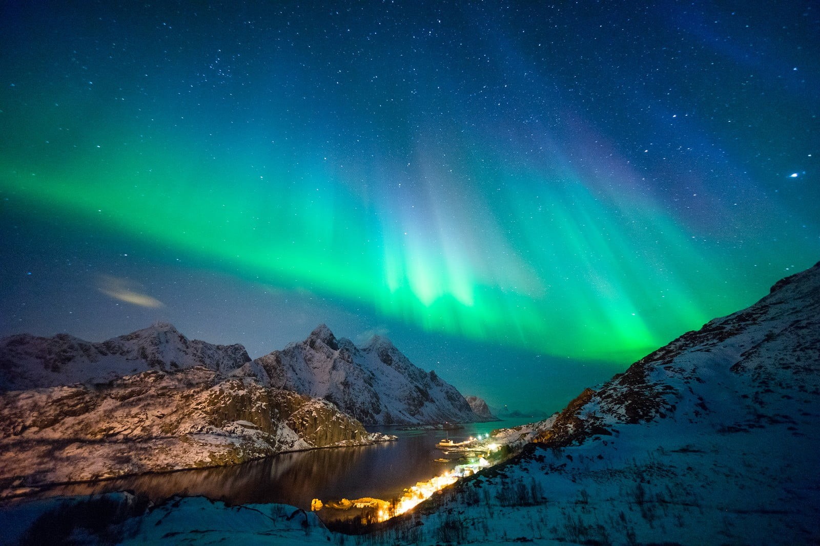 no people, environment, nature, snowcapped mountain, scenics - nature, mountains, city lights, green color, tranquility, star - space, aurorae, water, 720P, HD Wallpaper