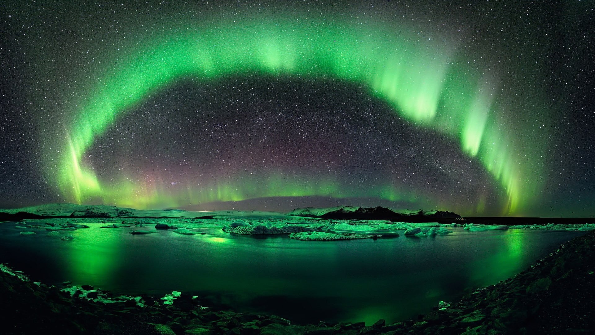 landscape, 1080P, tranquility, aurora polaris, cold temperature, beauty in nature, sky, dramatic sky, water, lagoon, scenics - nature, space, environment, HD Wallpaper