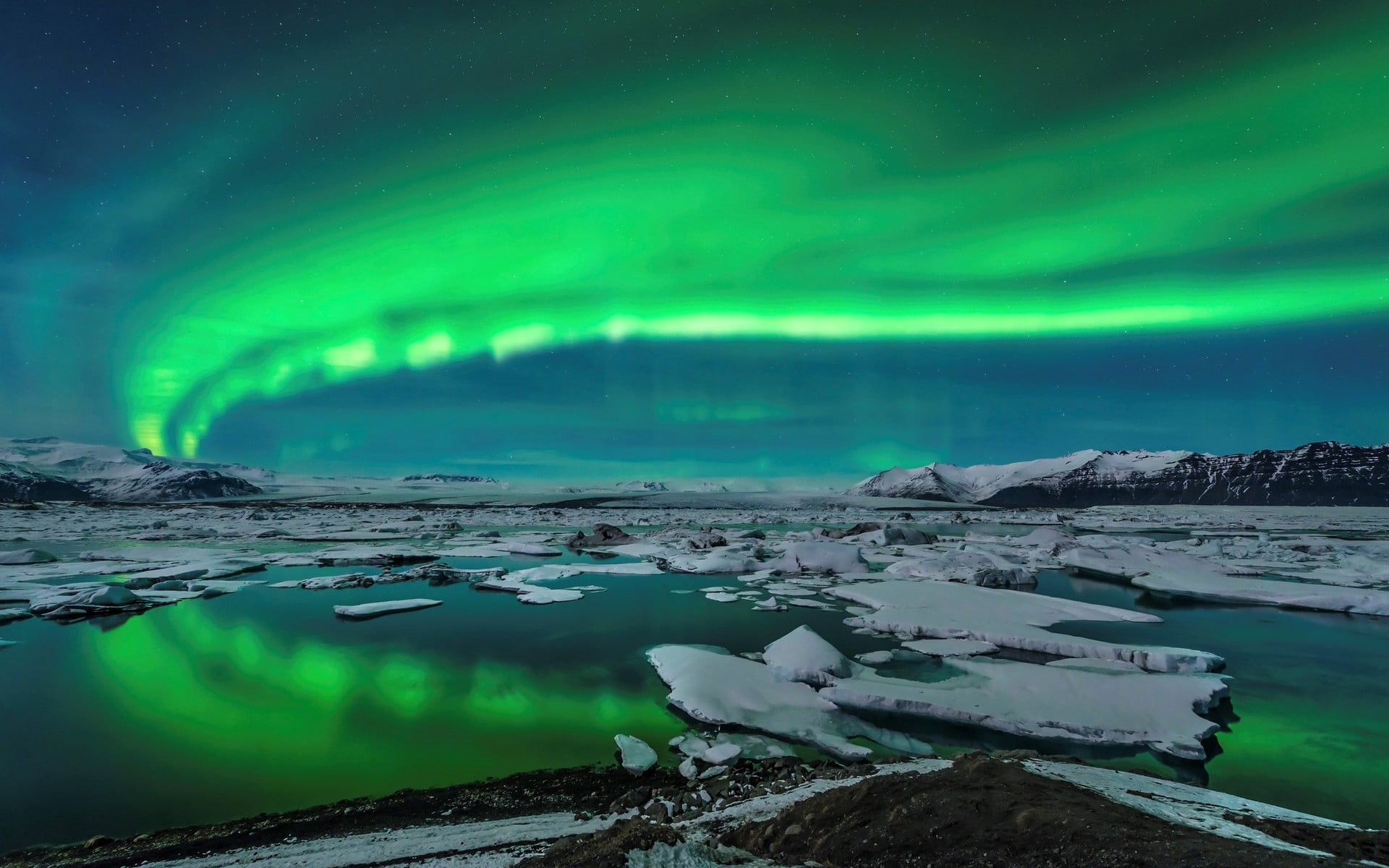 snowcapped mountain, cold temperature, sky, aurora, aurorae, water, beauty in nature, glacier, night, scenics - nature, snow, nature, winter, green color, HD Wallpaper