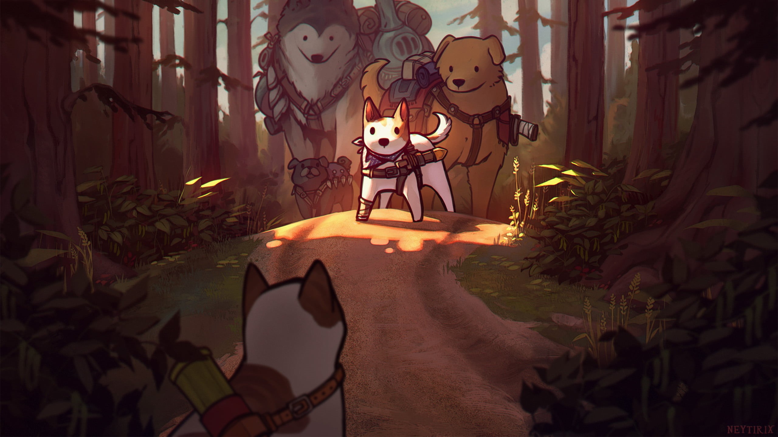forest, sword, feline, dog, Neytirix, digital art, watermarked, 2K, HD Wallpaper