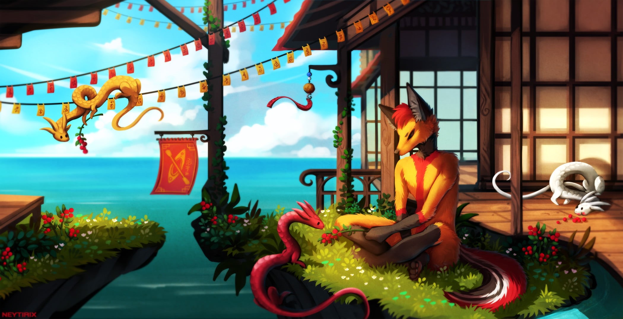 1080P, fox, dragon, digital art, berries, boathouses, watermarked, Neytirix, Anthro, HD Wallpaper