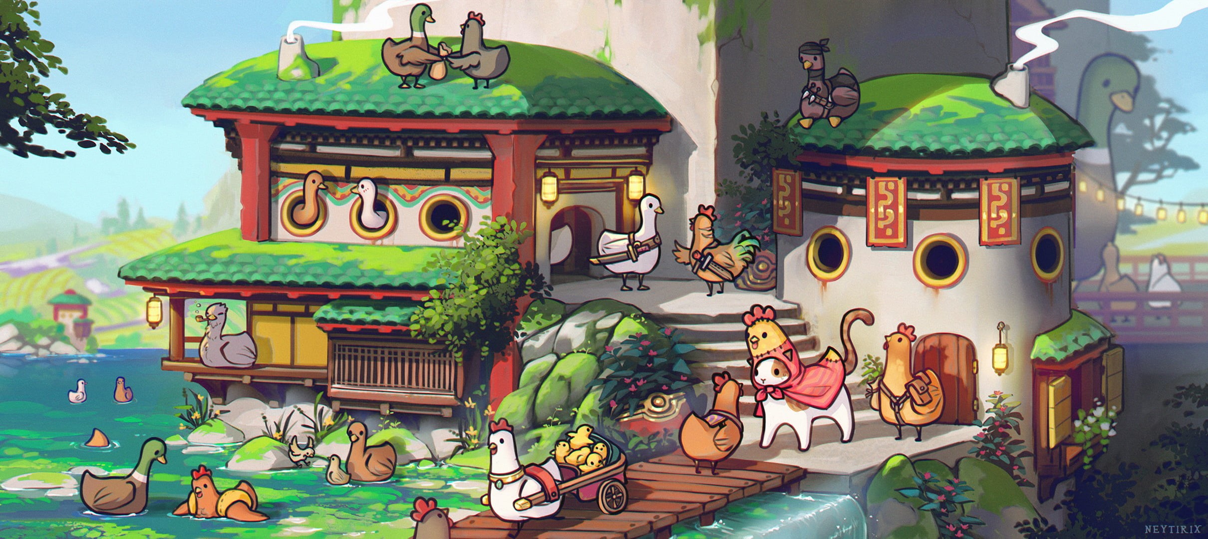 Ducks (Animals), lantern, Neytirix, chickens, village, bridge, 1080P, sword, HD Wallpaper