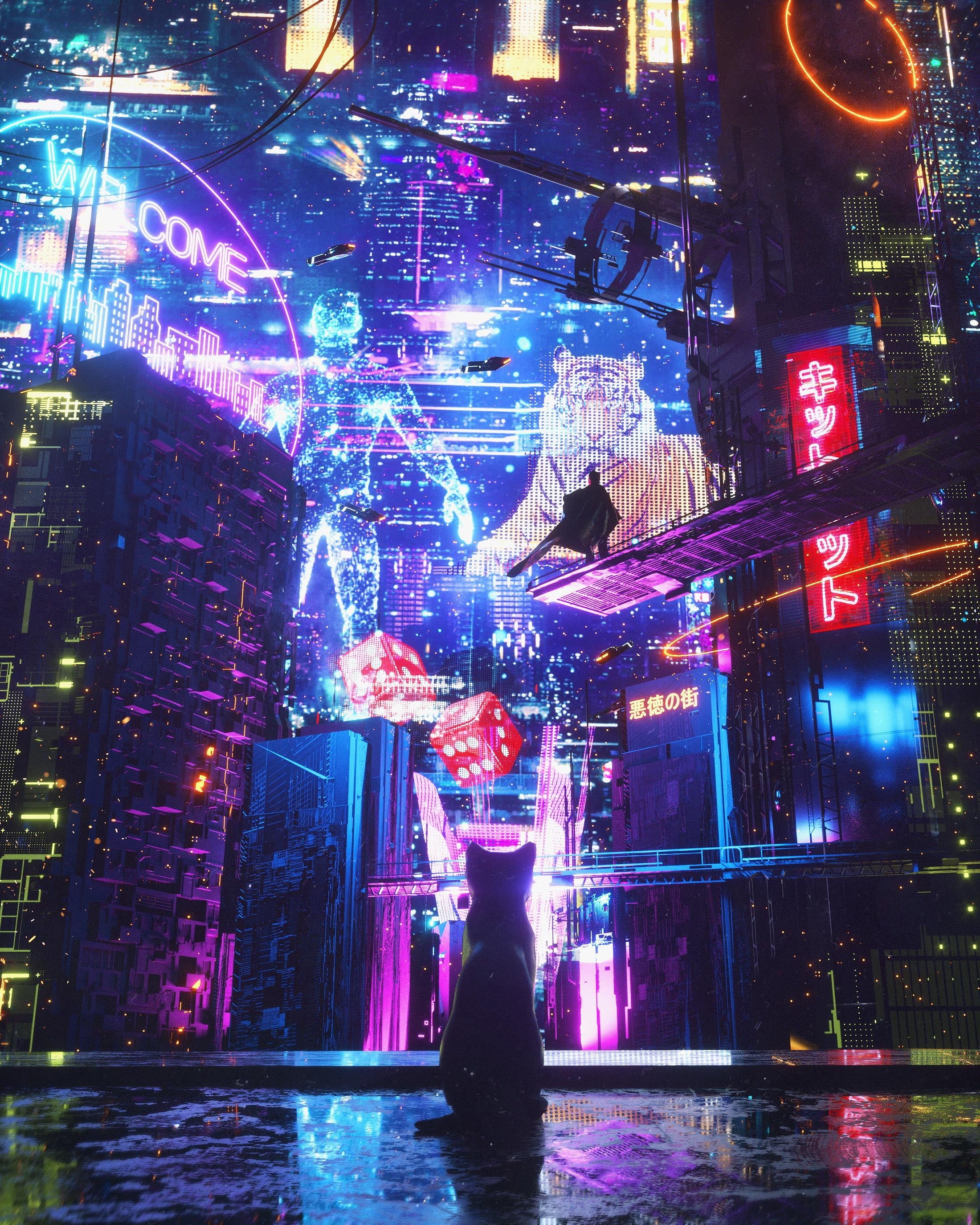 2K, cats, digital art, cyberpunk, cyber city, Phone HD Wallpaper