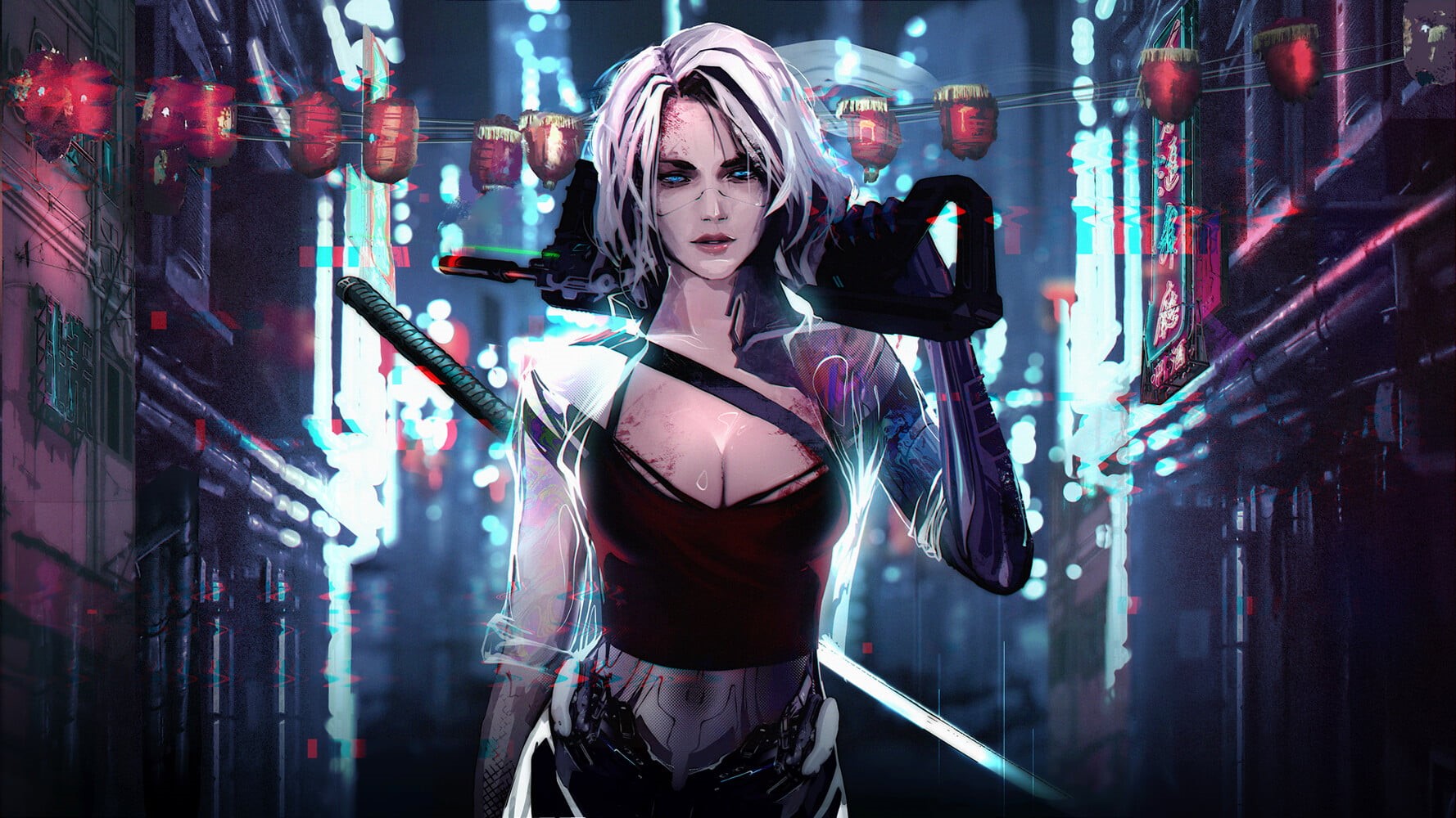 white hair, cyborg, katana, 720P, cyberpunk, japanese sword, science fiction, digital art, artwork, cyber city, HD Wallpaper