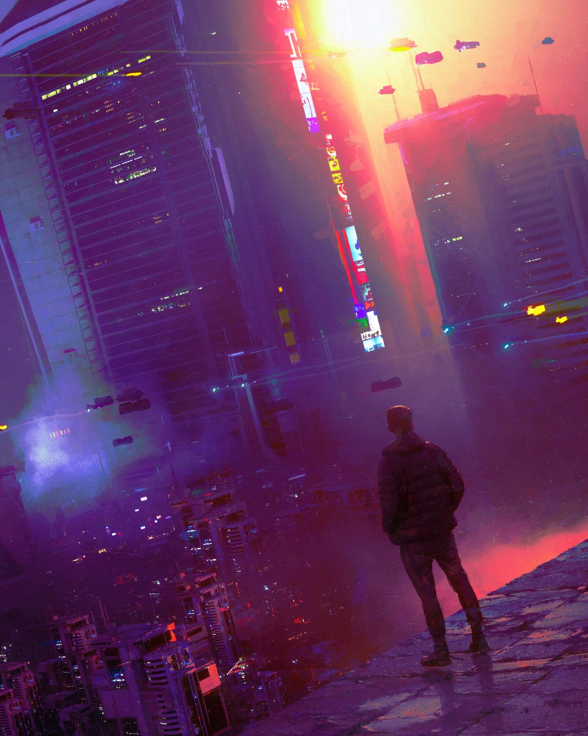 1080P, cyber city, artwork, futuristic, Phone HD Wallpaper