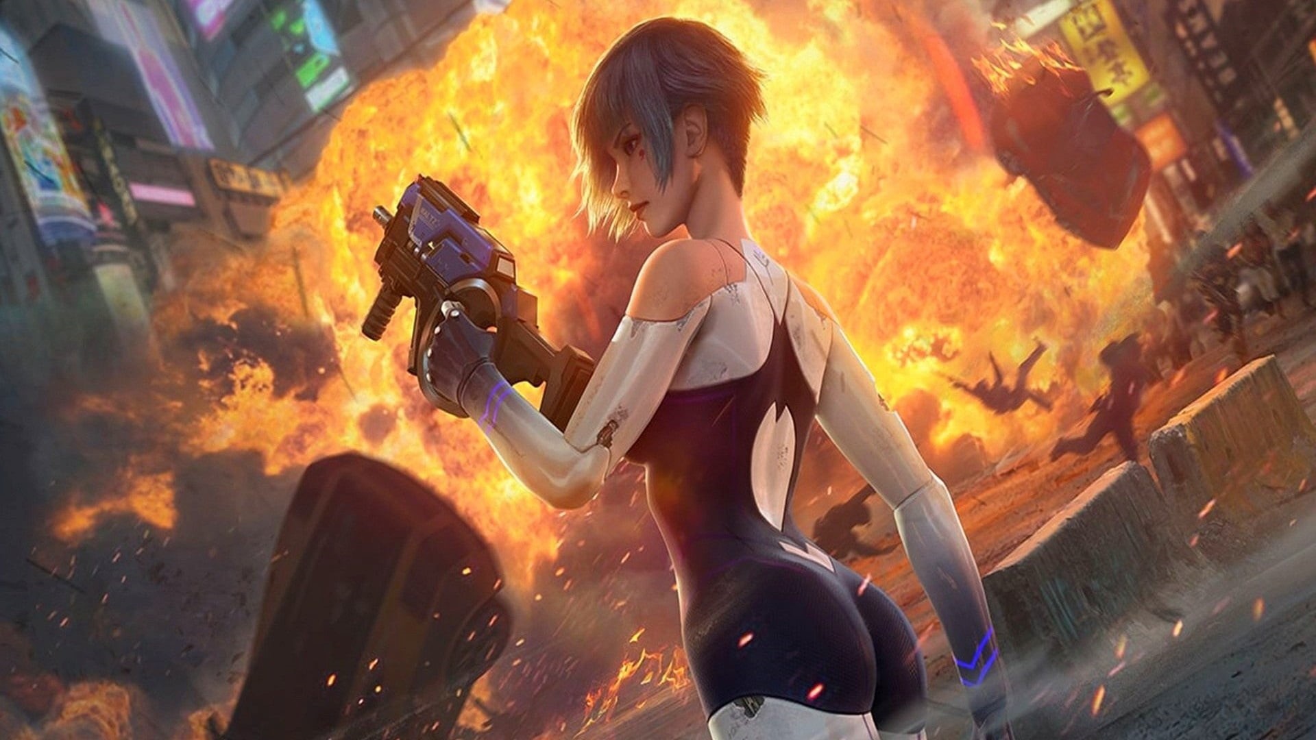style, Games, Cyberpunk, Cyber hunter, fiction, weapons, 1080P, people, girl, the city, machine, fire, HD Wallpaper