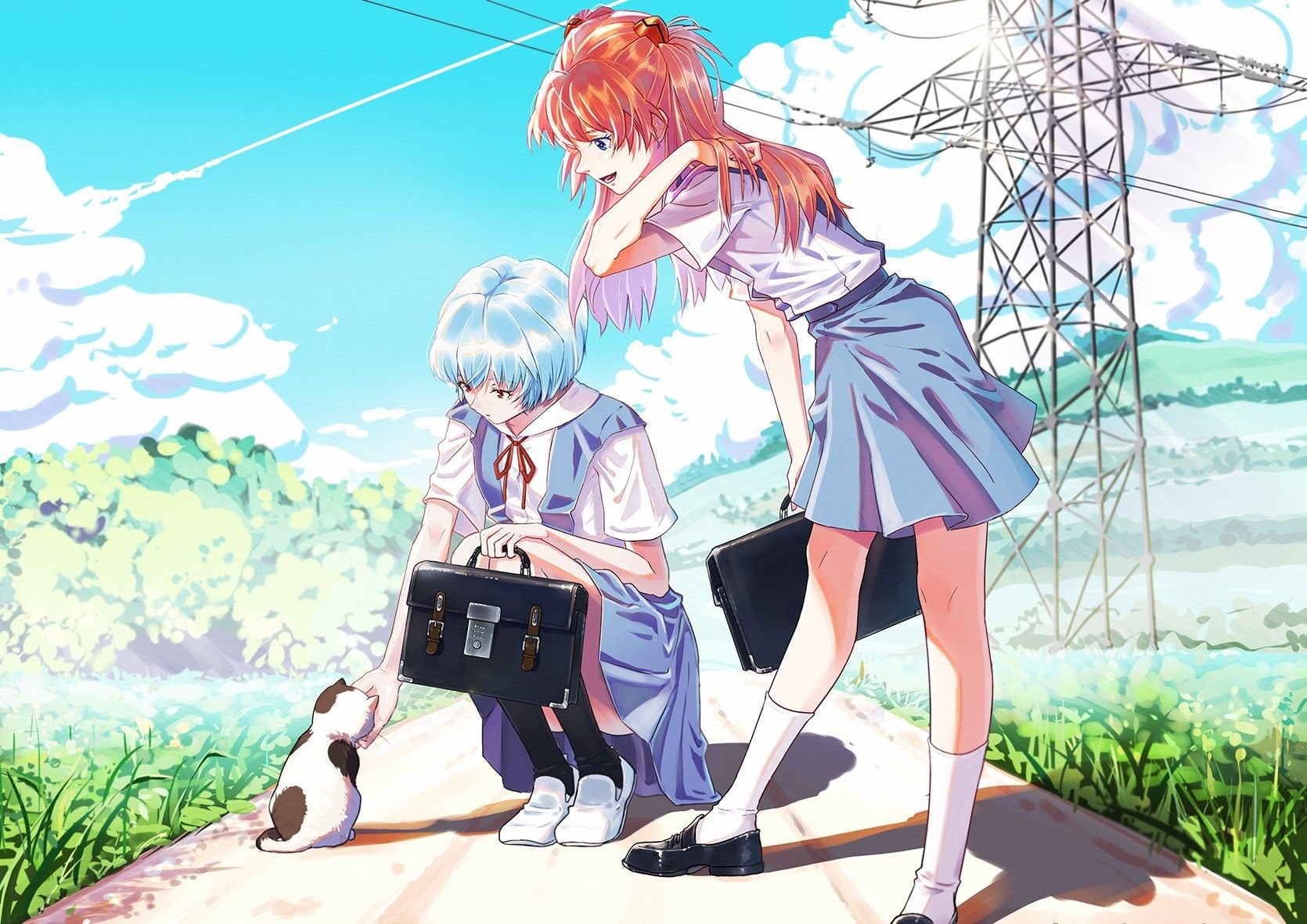 ponytail, anime girls, Ayanami Rei, anime, redhead, school uniform, cat, 720P, Asuka Langley Soryu, Neon Genesis Evangelion, HD Wallpaper