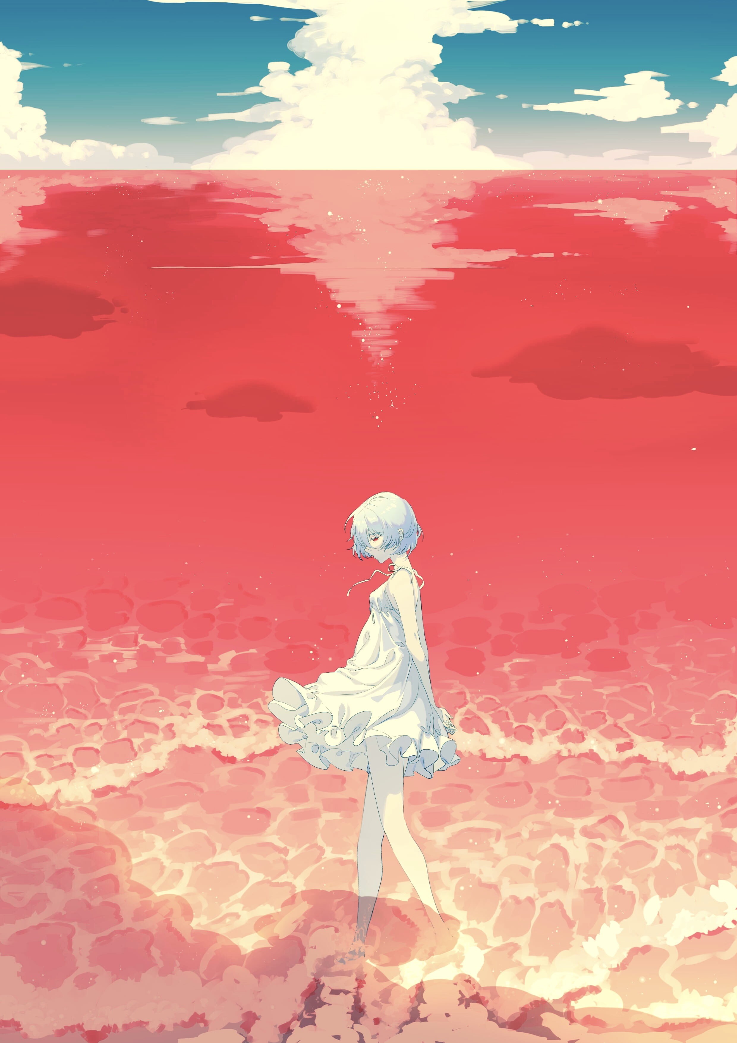 white dress, Neon Genesis Evangelion, Ayanami Rei, blue hair, red eyes, short hair, digital art, 2K, anime girls, Phone HD Wallpaper