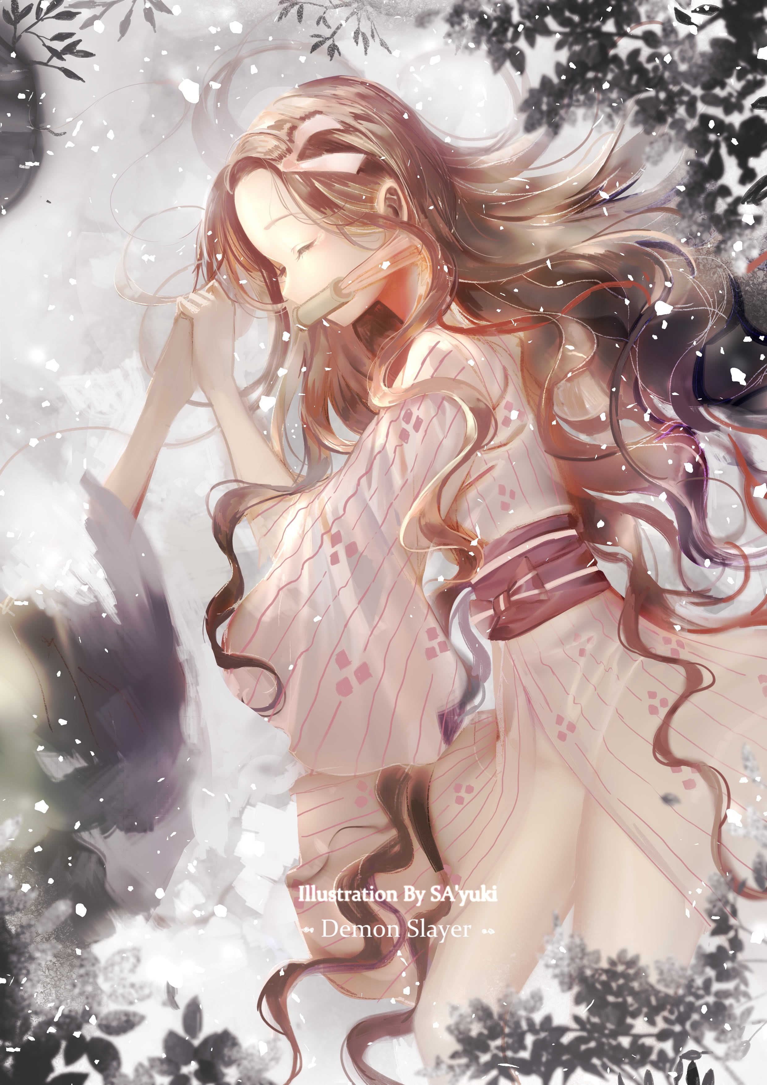 anime, forest, artwork, tears, vertical, Pixiv, Kamado Nezuko, 2D, illustration, manga, anime girls, drawing, Kimetsu no Yaiba, fan art, closed eyes, 2K, Phone HD Wallpaper