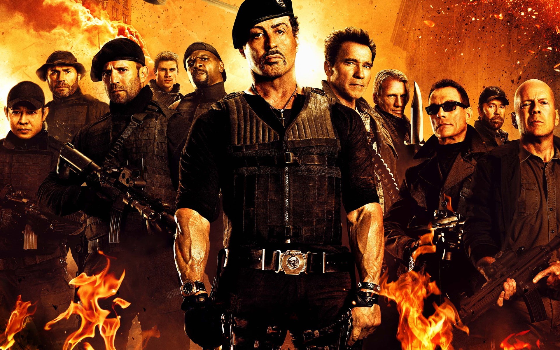 van, jean, norris, willis, expendables, arnold, fire, statham, jason, dolph, bruce, jet, guns, stallone, schwarzenegger, damme, lundgren, 1080P, chuck, HD Wallpaper