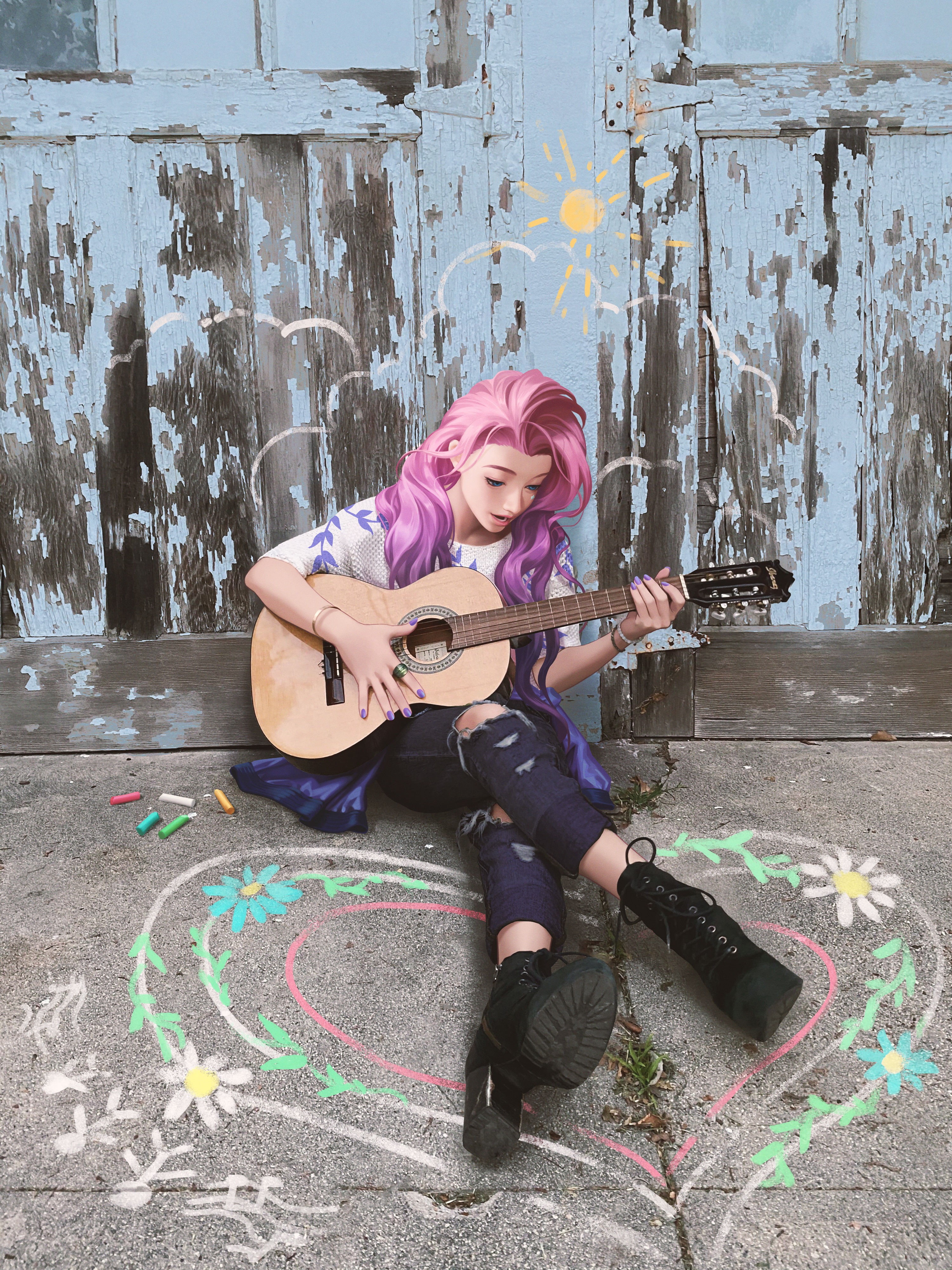 on the floor, 4K, Seraphine (League of Legends), digital painting, anime girls, digital art, legs crossed, guitar, young woman, on the ground, fan art, Phone HD Wallpaper