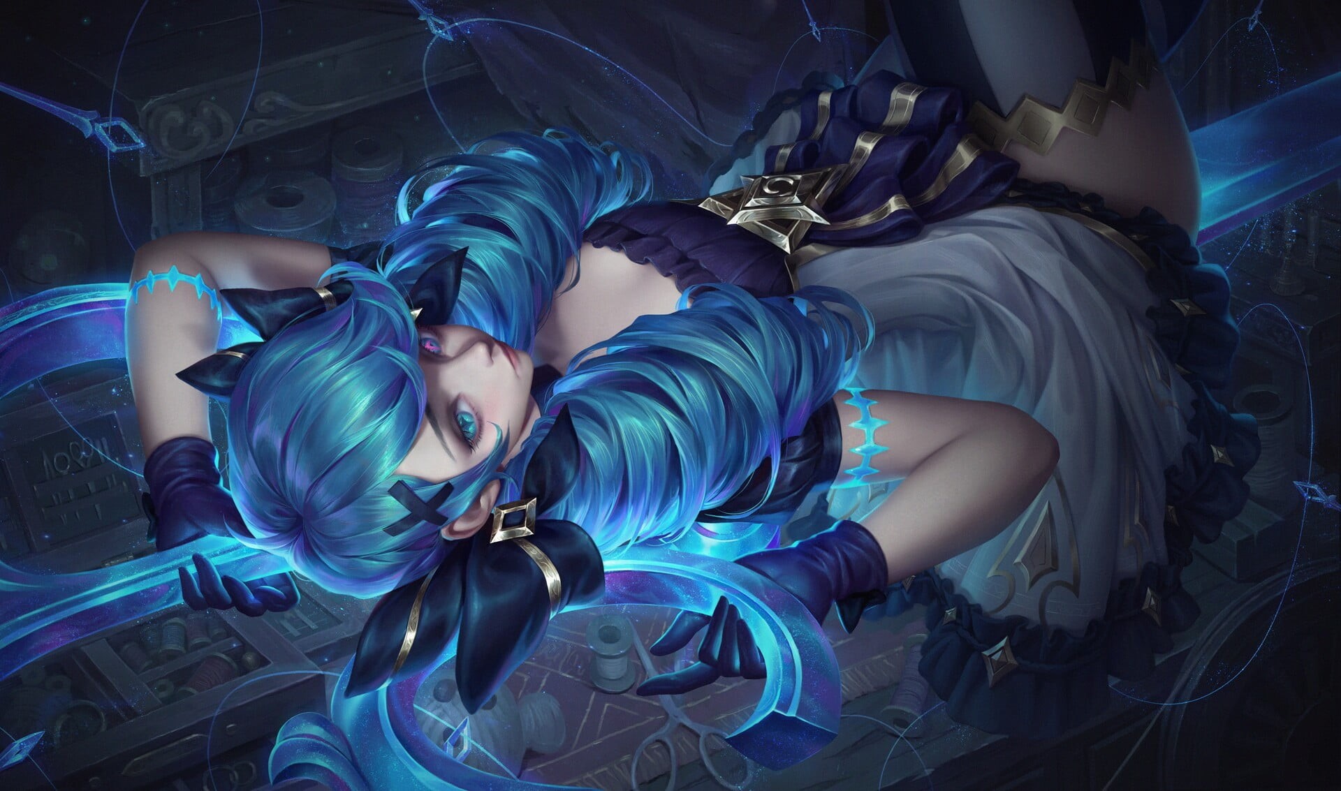 PC gaming, League of Legends, fantasy girl, 1080P, ArtStation, lying on back, Gwen (League of Legends), video game art, video game girls, Dan Feijiding, HD Wallpaper
